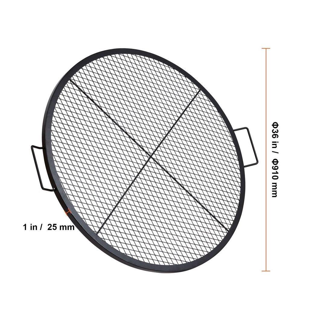 X-Marks Fire Pit Grill Grate, Round Cooking Grate, Heavy Duty Steel Campfire BBQ Grill Grid with Handle and Support X Wire, Portable Camping Cookware for Outside Party & Gathering, 36 Inch Black