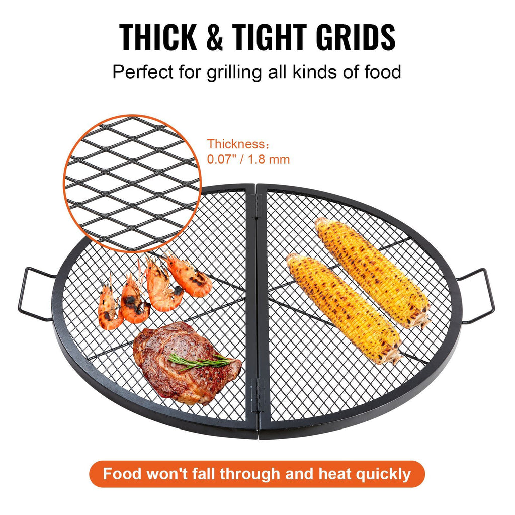 X-Marks Fire Pit Grill Grate, Foldable Round Cooking Grate, Heavy Duty Steel Campfire BBQ Grill Grid with Handle and Support X Wire, Portable Camping Cookware for Outside Party, 36 Inch Black
