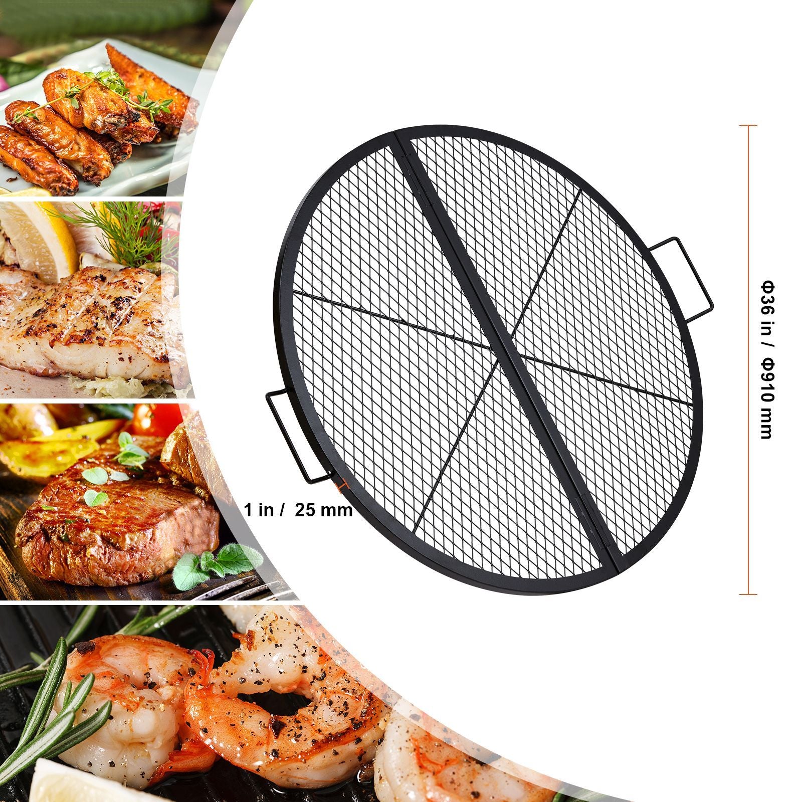 X-Marks Fire Pit Grill Grate, Foldable Round Cooking Grate, Heavy Duty Steel Campfire BBQ Grill Grid with Handle and Support X Wire, Portable Camping Cookware for Outside Party, 36 Inch Black