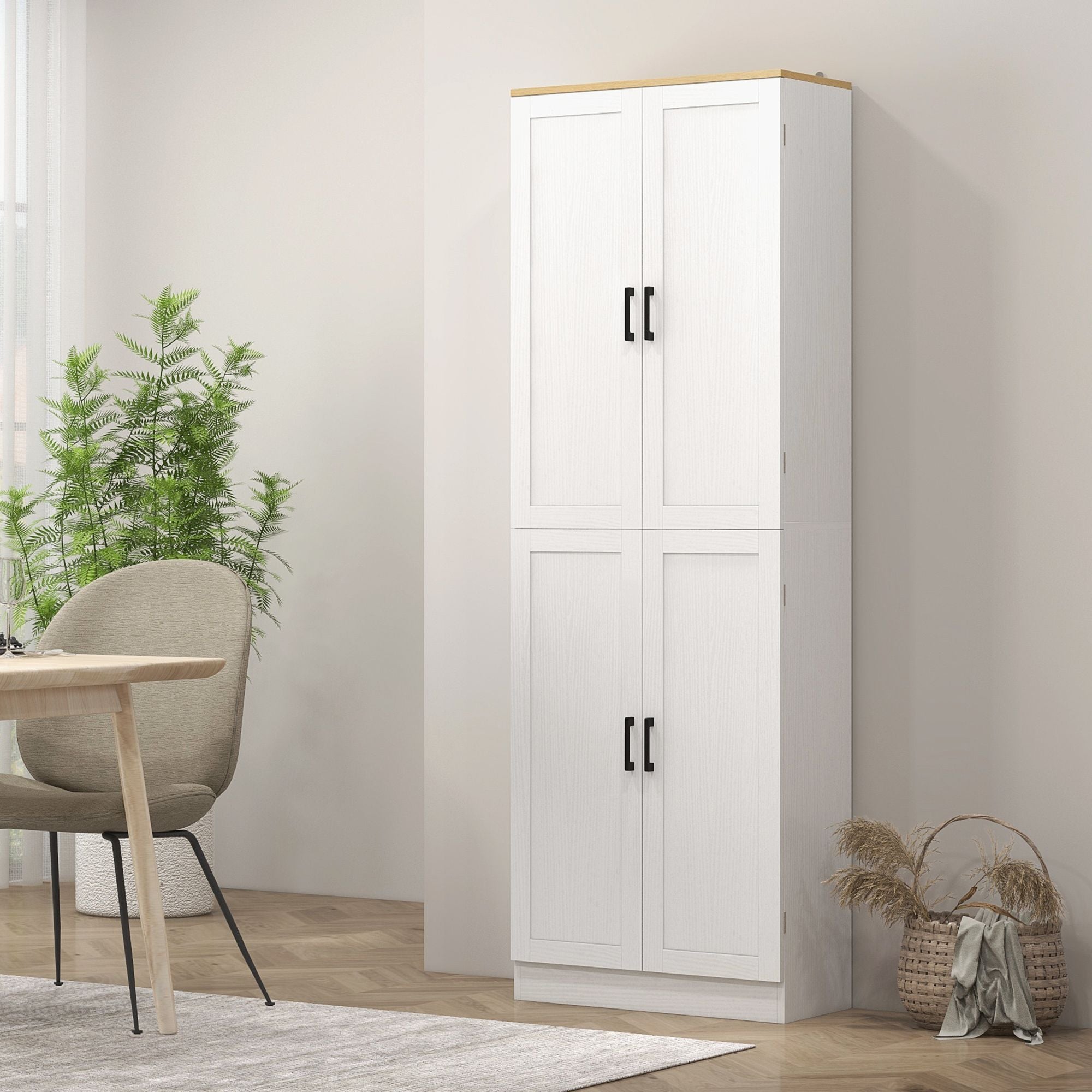 HOMCOM 67" Freestanding Kitchen Pantry, 4-Door Storage Cabinet Organizer with Adjustable Shelves, Kitchen Cabinet with Doors and Shelves, Distressed White