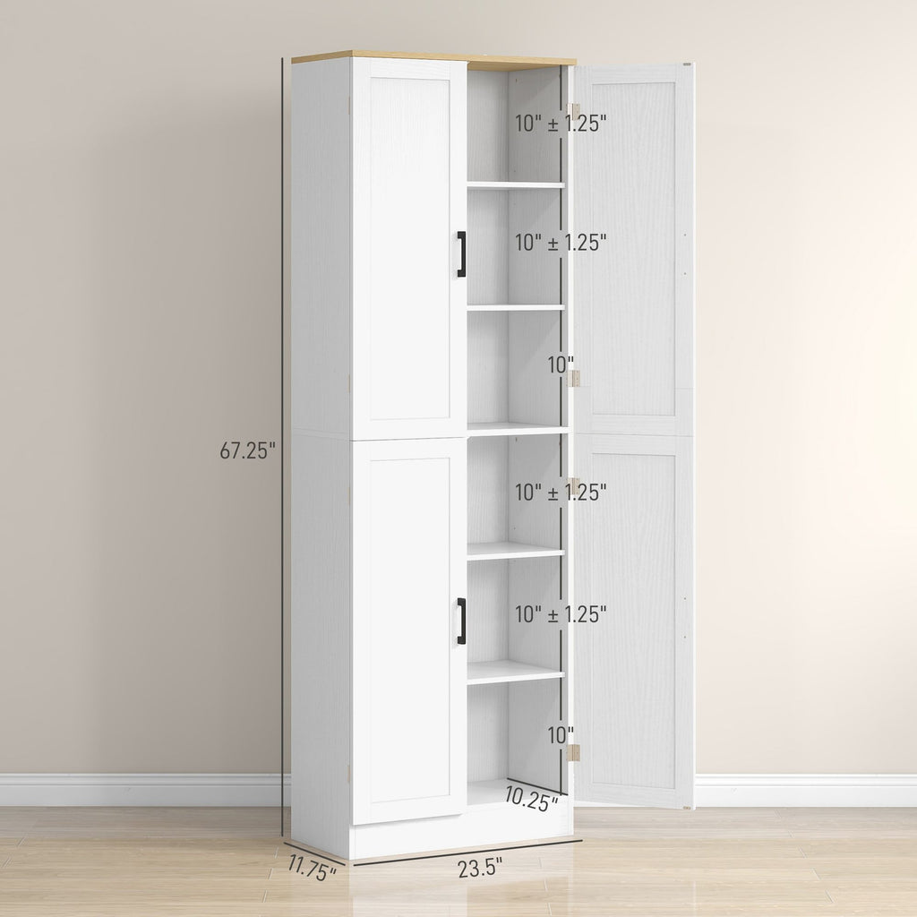 HOMCOM 67" Freestanding Kitchen Pantry, 4-Door Storage Cabinet Organizer with Adjustable Shelves, Kitchen Cabinet with Doors and Shelves, Distressed White