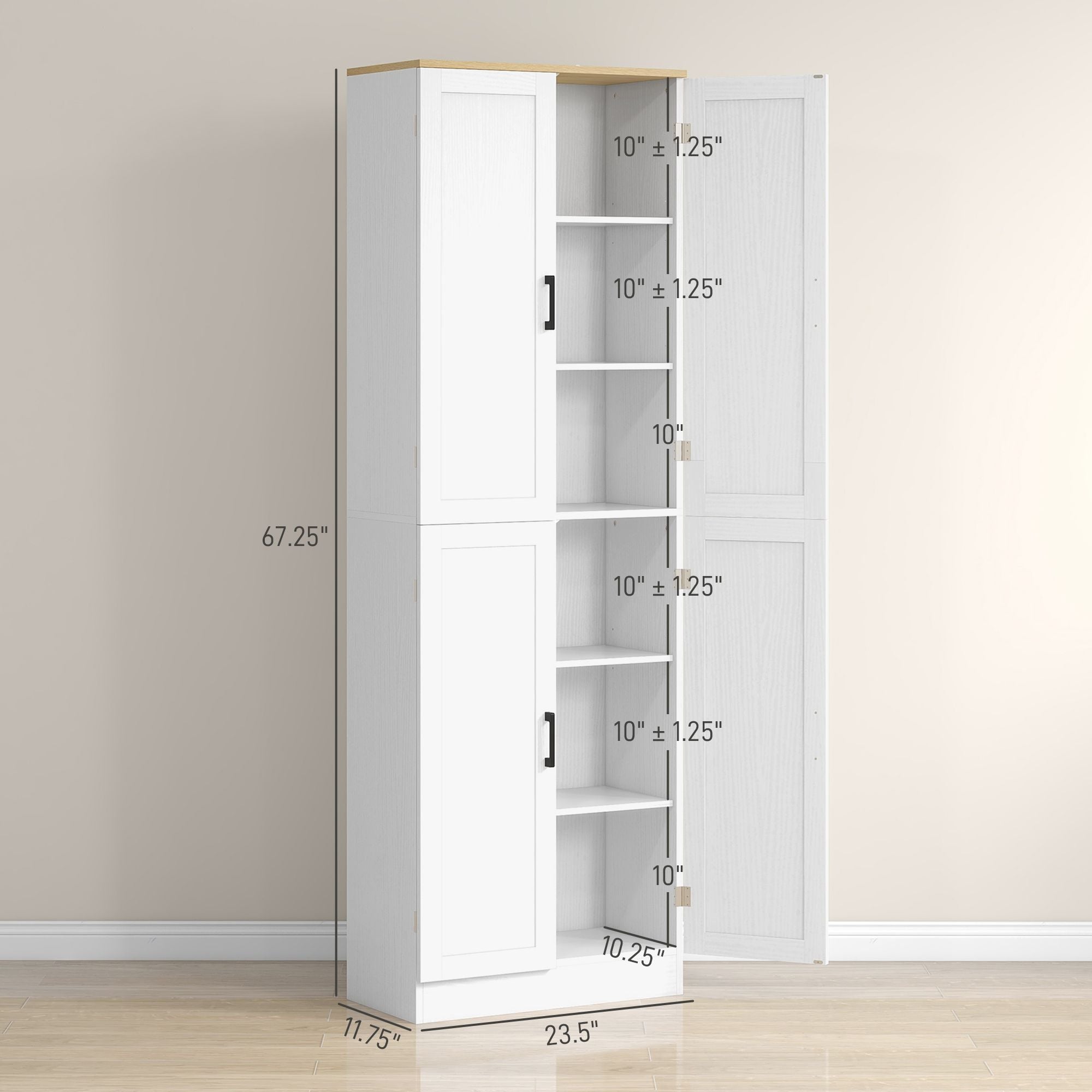 HOMCOM 67" Freestanding Kitchen Pantry, 4-Door Storage Cabinet Organizer with Adjustable Shelves, Kitchen Cabinet with Doors and Shelves, Distressed White