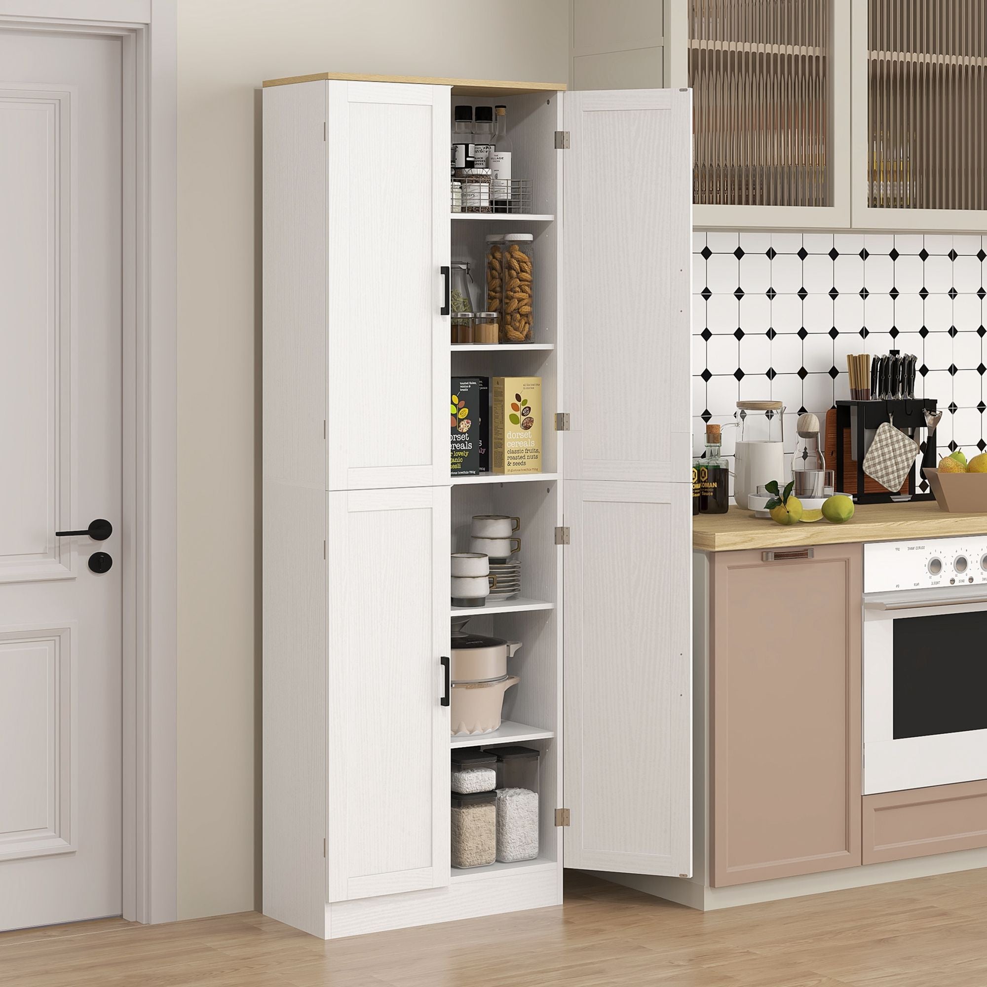 HOMCOM 67" Freestanding Kitchen Pantry, 4-Door Storage Cabinet Organizer with Adjustable Shelves, Kitchen Cabinet with Doors and Shelves, Distressed White