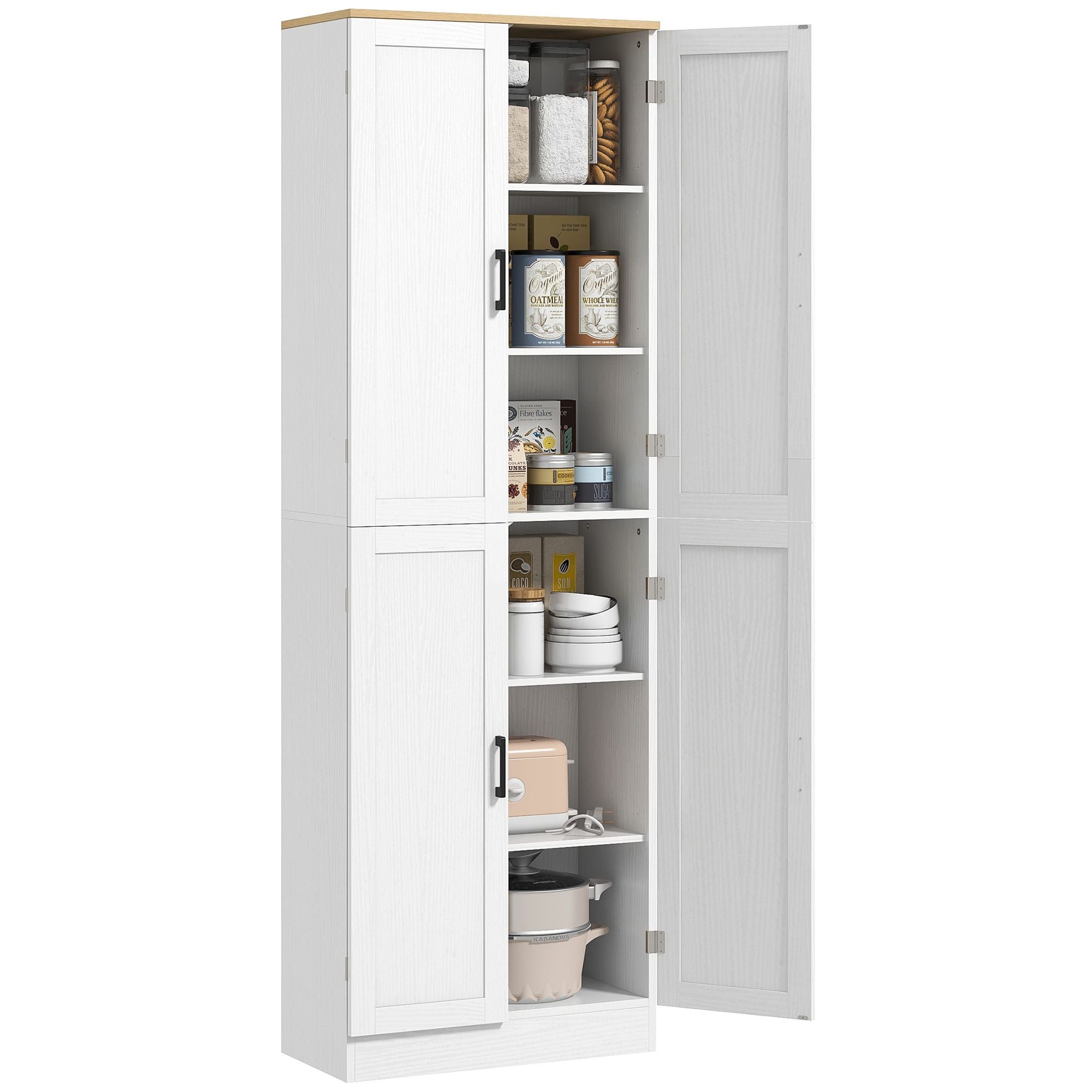 HOMCOM 67" Freestanding Kitchen Pantry, 4-Door Storage Cabinet Organizer with Adjustable Shelves, Kitchen Cabinet with Doors and Shelves, Distressed White