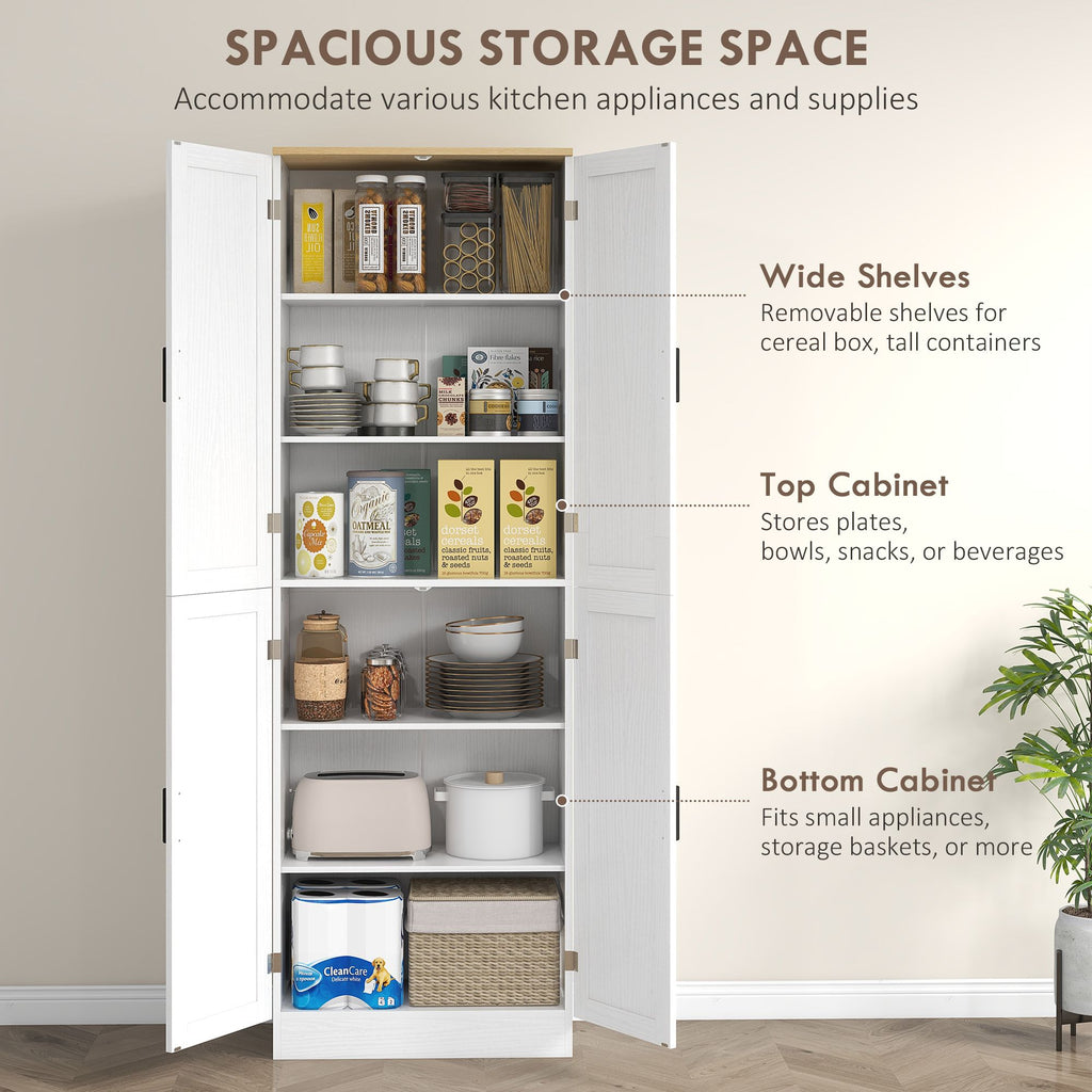 HOMCOM 67" Freestanding Kitchen Pantry, 4-Door Storage Cabinet Organizer with Adjustable Shelves, Kitchen Cabinet with Doors and Shelves, Distressed White