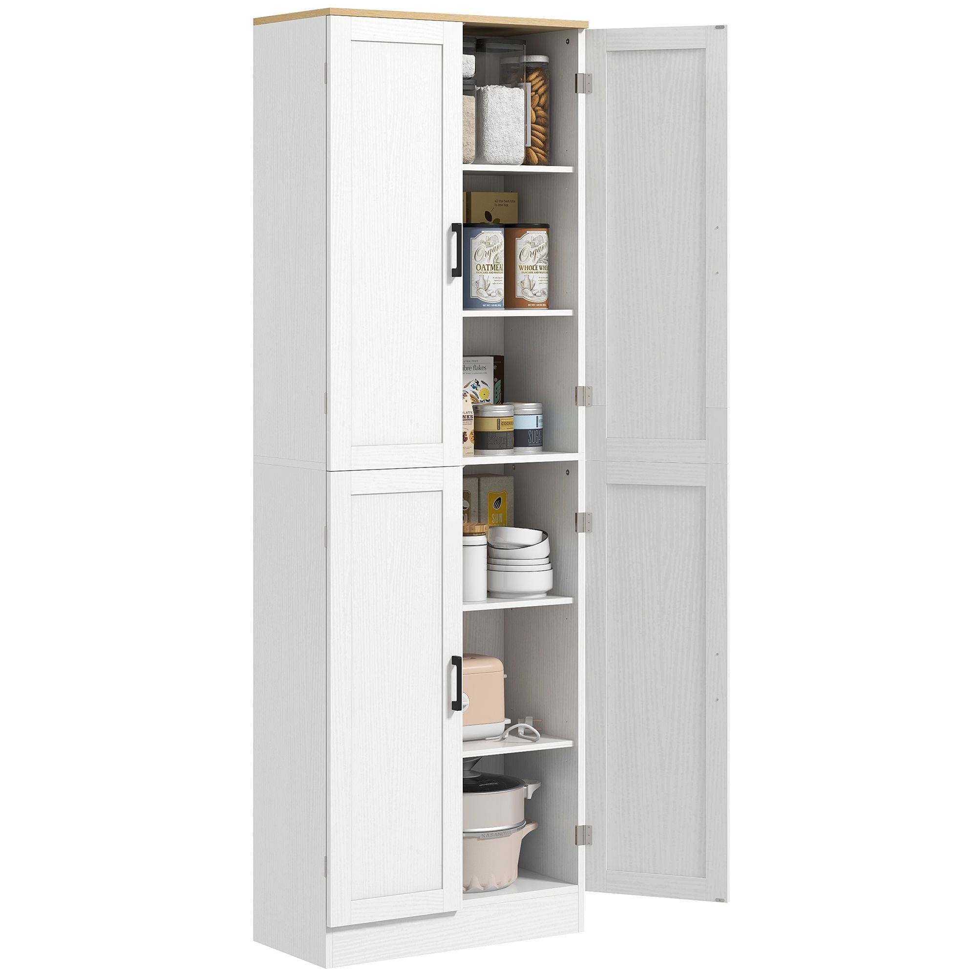 HOMCOM 67" Freestanding Kitchen Pantry, 4-Door Storage Cabinet Organizer with Adjustable Shelves, Kitchen Cabinet with Doors and Shelves, Distressed White