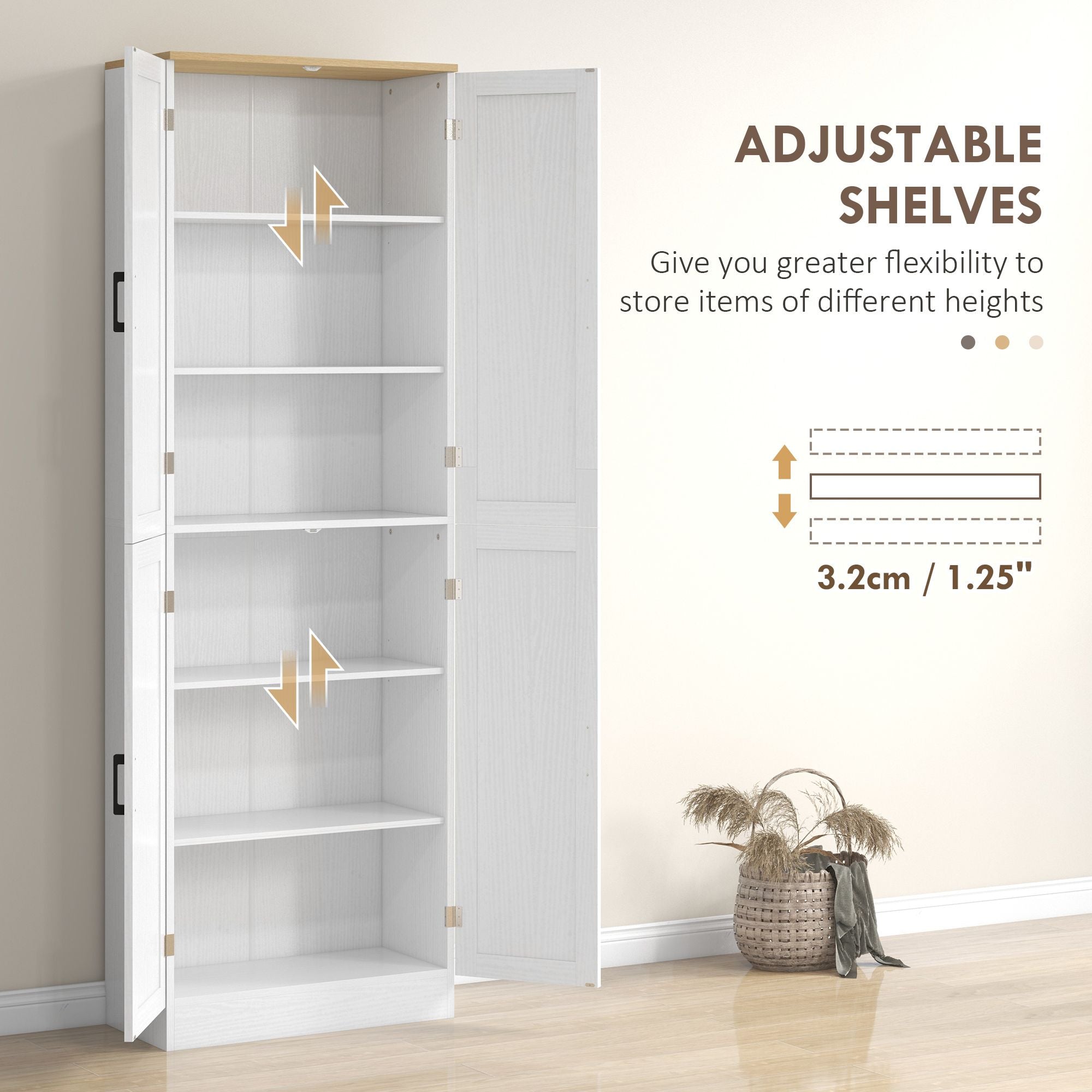 HOMCOM 67" Freestanding Kitchen Pantry, 4-Door Storage Cabinet Organizer with Adjustable Shelves, Kitchen Cabinet with Doors and Shelves, Distressed White