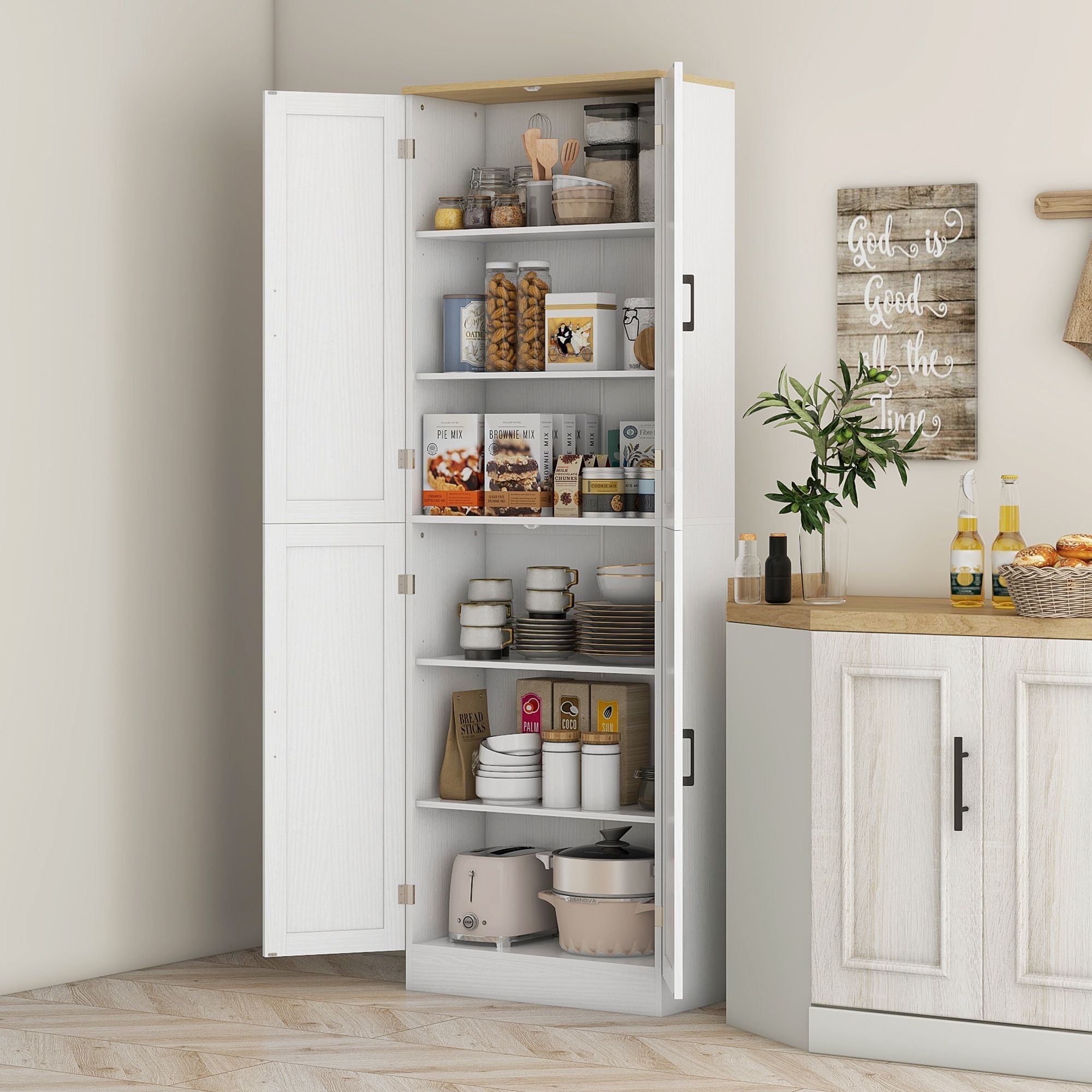 HOMCOM 67" Freestanding Kitchen Pantry, 4-Door Storage Cabinet Organizer with Adjustable Shelves, Kitchen Cabinet with Doors and Shelves, Distressed White