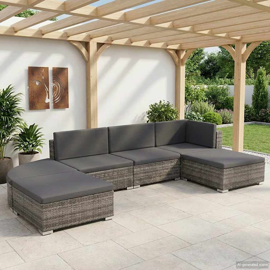 6 Piece Patio Lounge Set with Cushions Poly Rattan Gray