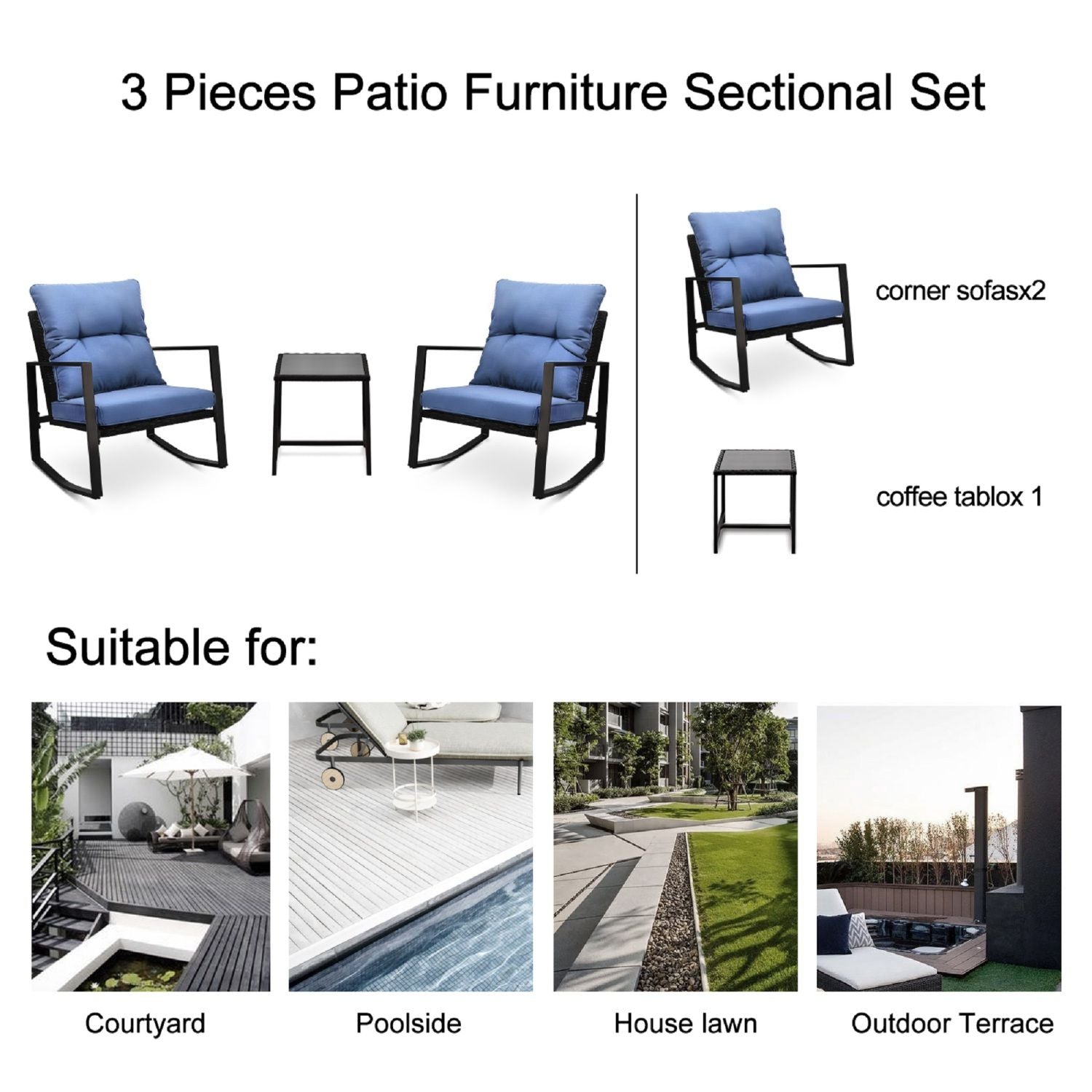 3 Pieces Patio Bistro Set Outdoor Rocking Chair w Blue Cushion for Yard Garden Poolside