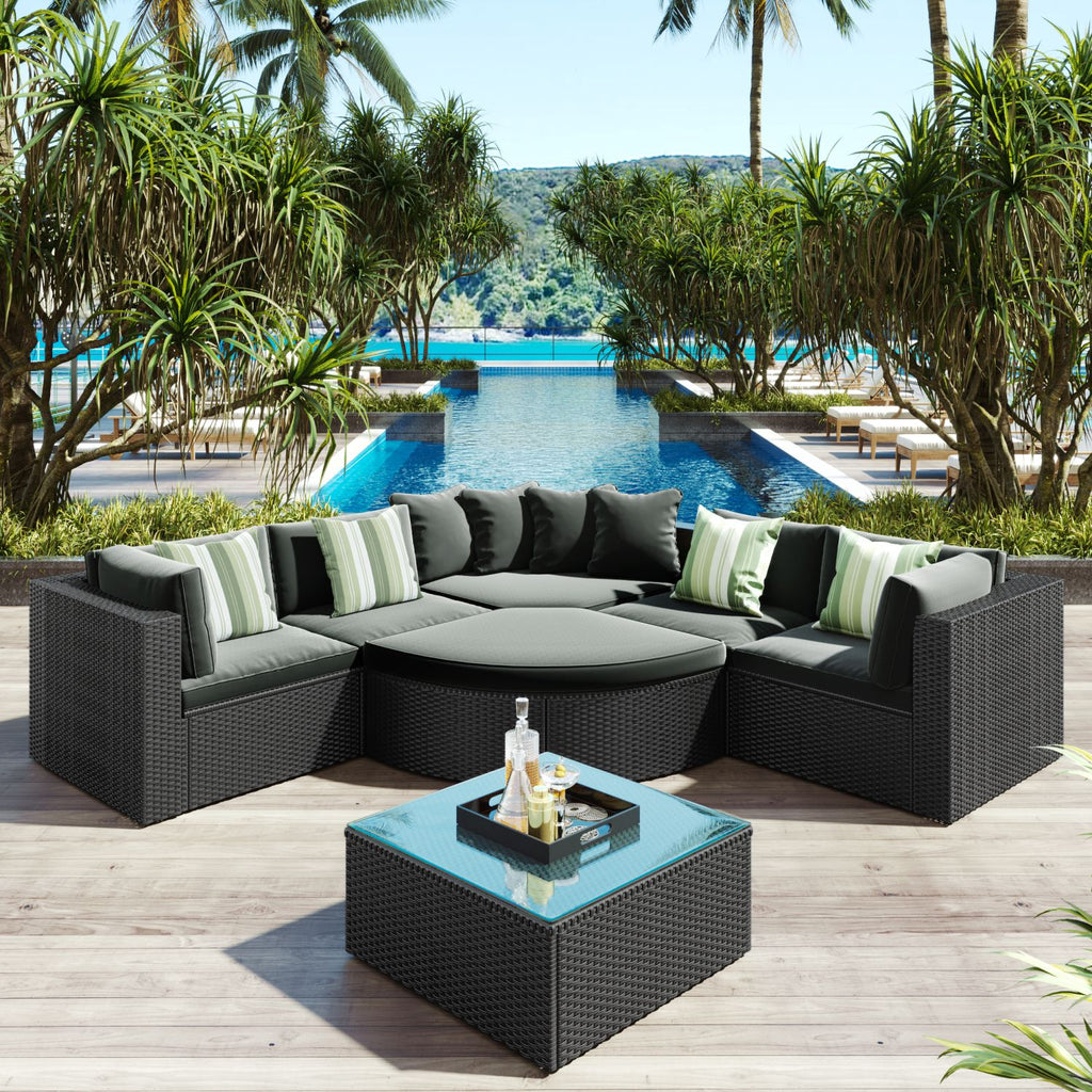 GO 7-piece Outdoor Wicker Sofa Set, Rattan Sofa Lounger, With Striped Green Pillows, Conversation Sofa, For Patio, Garden, Deck, Black Wicker, Gray Cushion