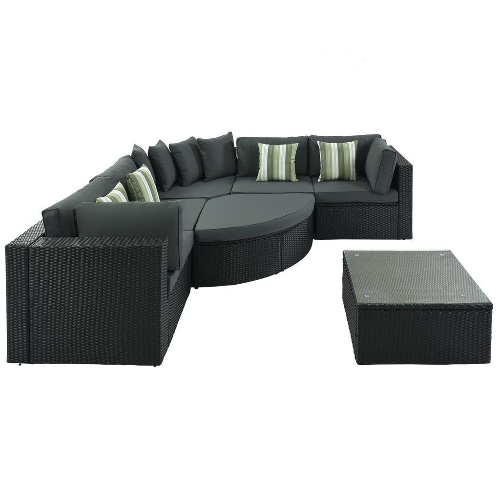 GO 7-piece Outdoor Wicker Sofa Set, Rattan Sofa Lounger, With Striped Green Pillows, Conversation Sofa, For Patio, Garden, Deck, Black Wicker, Gray Cushion