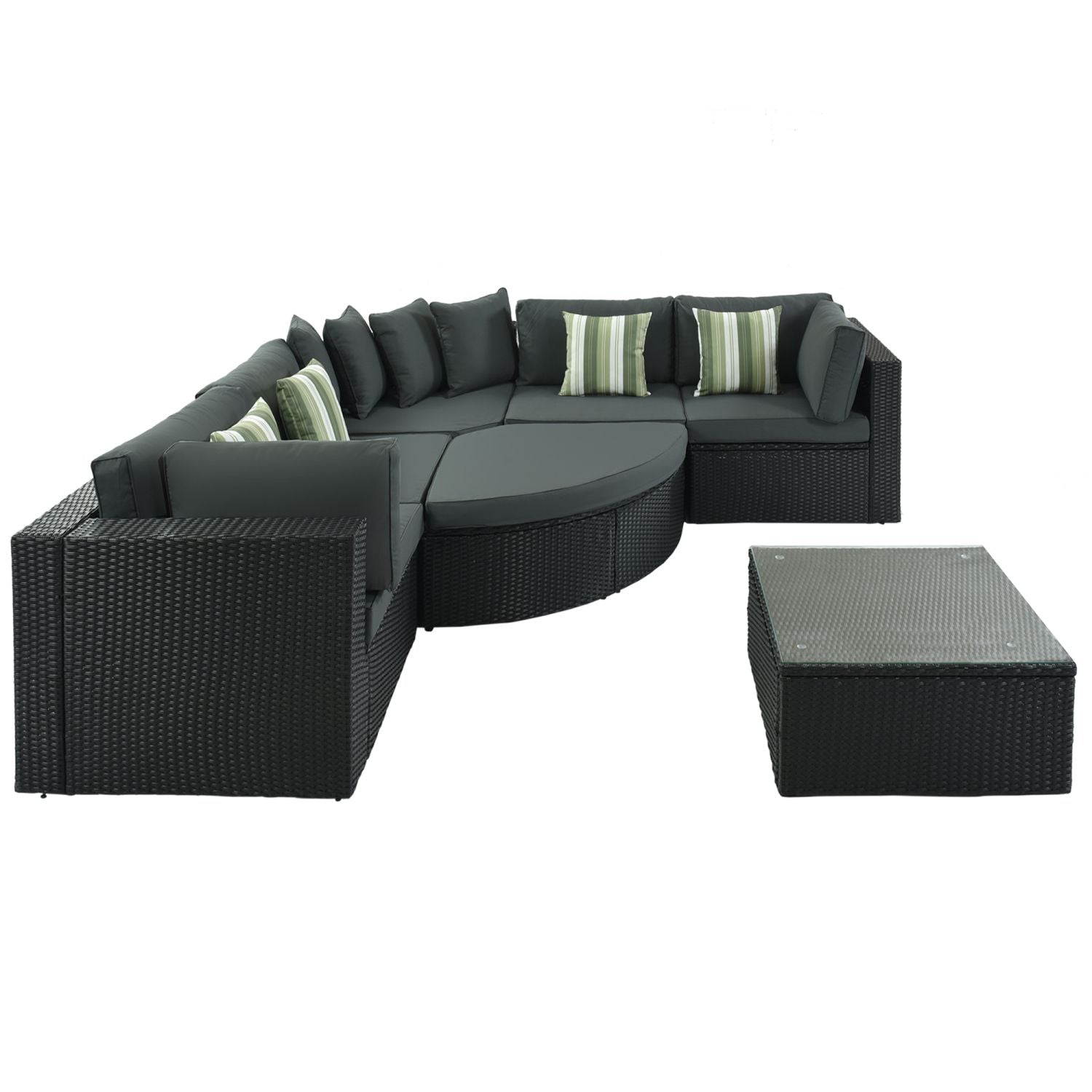 GO 7-piece Outdoor Wicker Sofa Set, Rattan Sofa Lounger, With Striped Green Pillows, Conversation Sofa, For Patio, Garden, Deck, Black Wicker, Gray Cushion