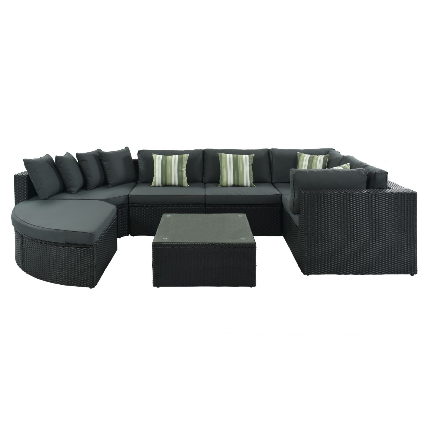 GO 7-piece Outdoor Wicker Sofa Set, Rattan Sofa Lounger, With Striped Green Pillows, Conversation Sofa, For Patio, Garden, Deck, Black Wicker, Gray Cushion