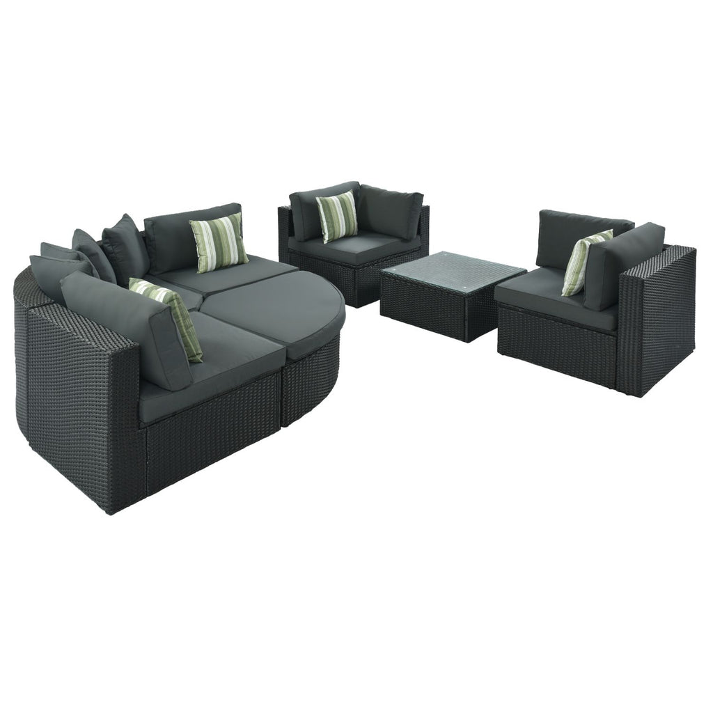 GO 7-piece Outdoor Wicker Sofa Set, Rattan Sofa Lounger, With Striped Green Pillows, Conversation Sofa, For Patio, Garden, Deck, Black Wicker, Gray Cushion