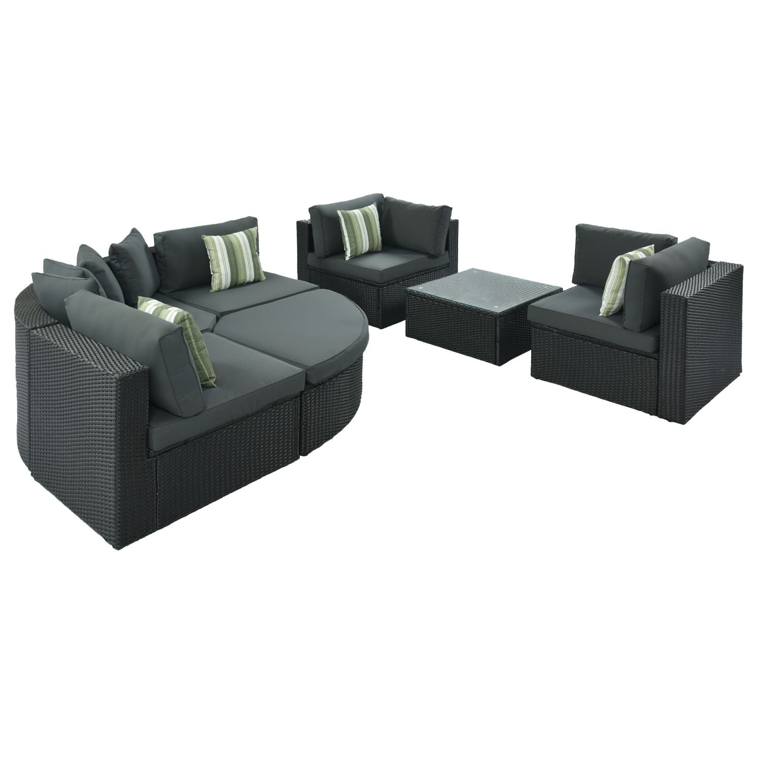 GO 7-piece Outdoor Wicker Sofa Set, Rattan Sofa Lounger, With Striped Green Pillows, Conversation Sofa, For Patio, Garden, Deck, Black Wicker, Gray Cushion