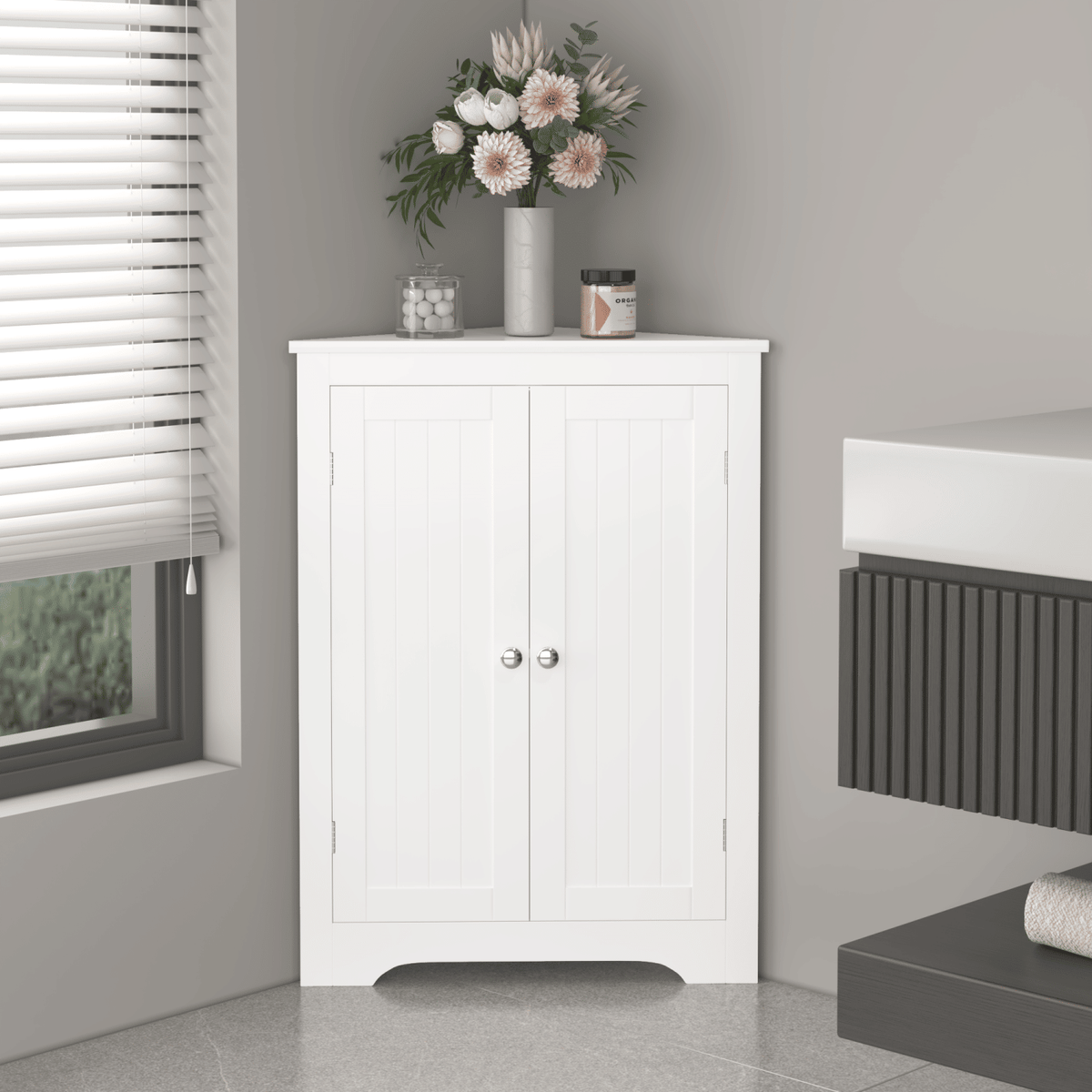 Floor Corner Cabinet with 2 Doors and Adjustable Shelves, Freestanding Narrow Cabinet Organizer, Corner Storage Cabinets for