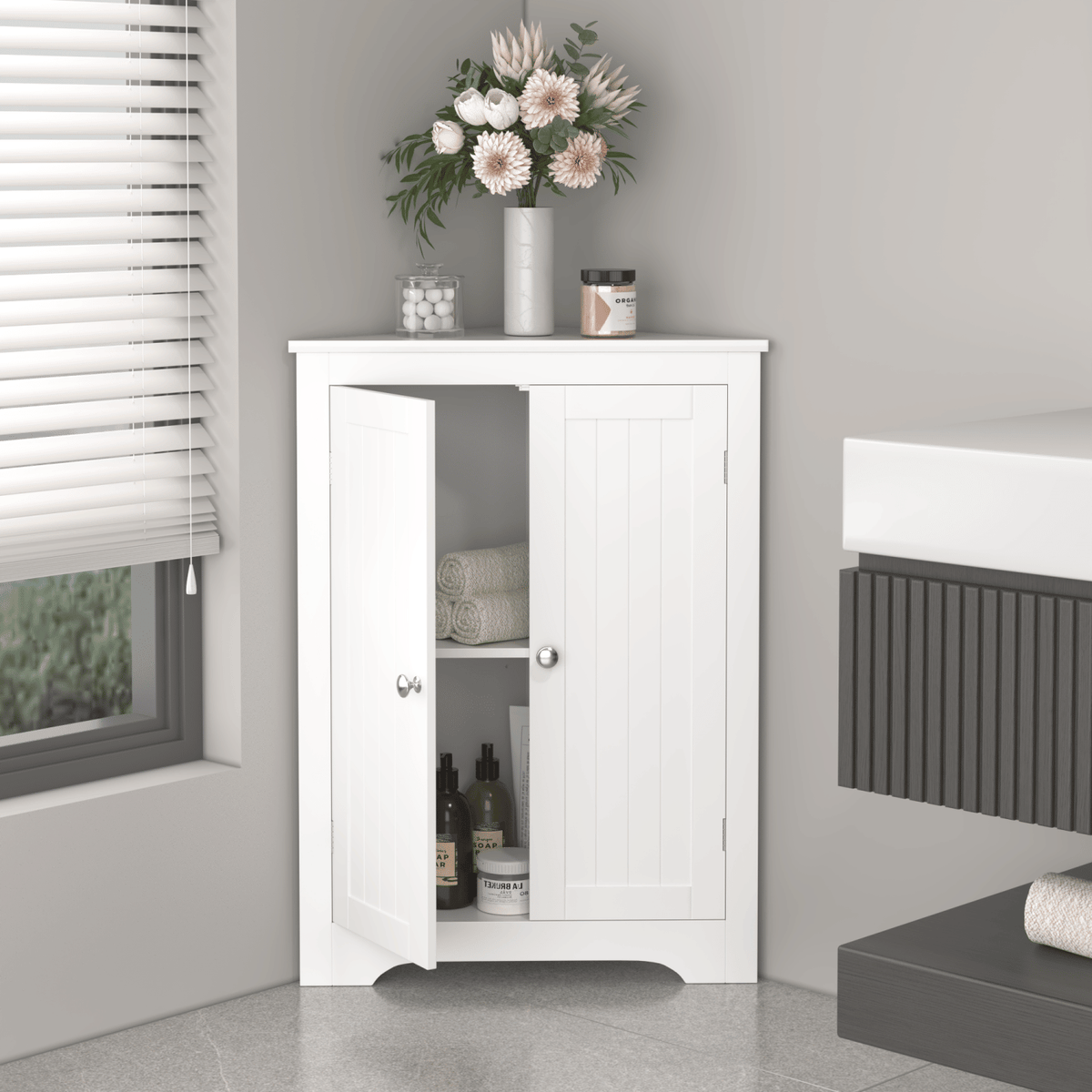 Floor Corner Cabinet with 2 Doors and Adjustable Shelves, Freestanding Narrow Cabinet Organizer, Corner Storage Cabinets for