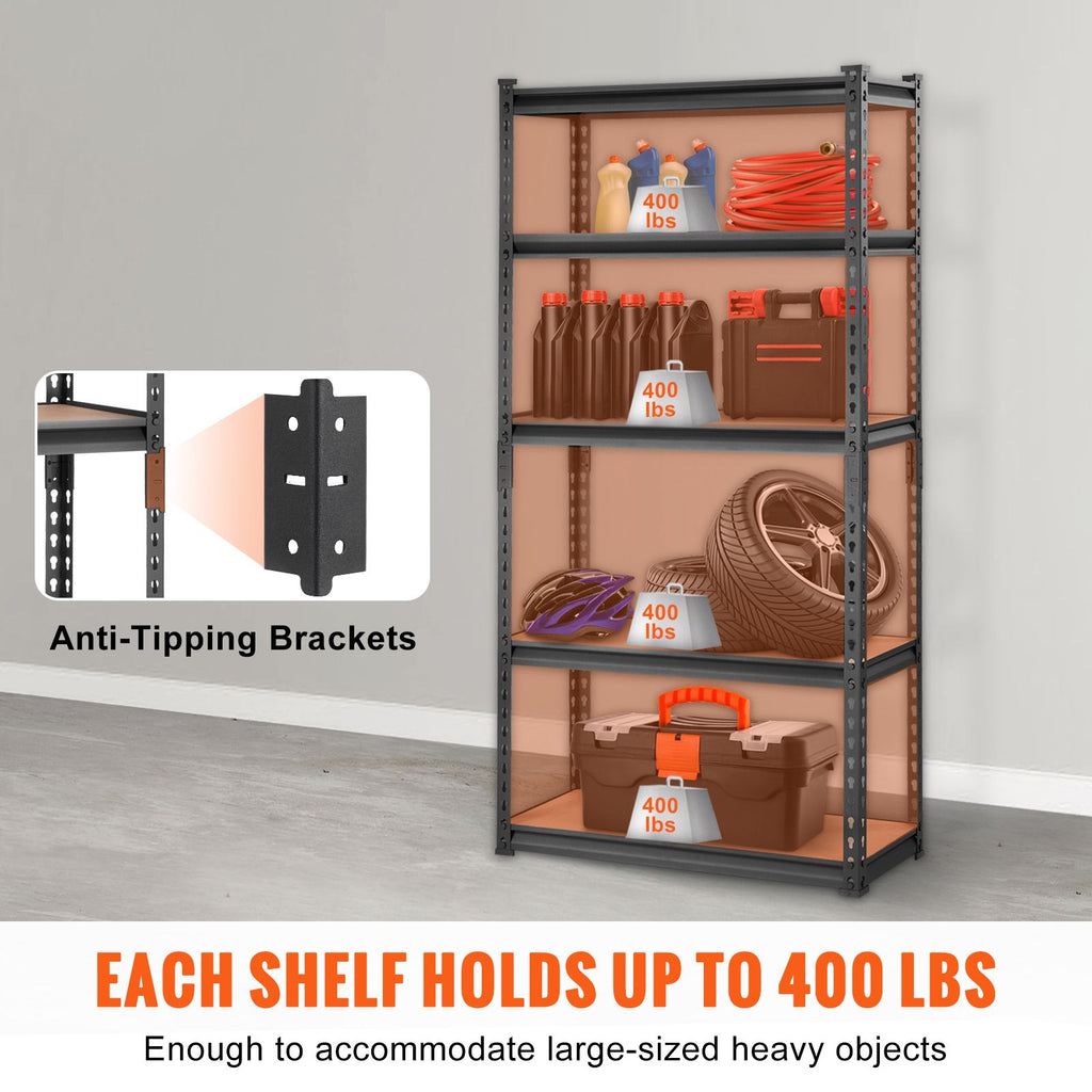 Storage Shelving Unit, 5-Tier Adjustable, 2000 lbs Capacity, Heavy Duty Garage Shelves Metal Organizer Utility Rack, Black, 30" L x 12" W x 60" H for Kitchen Pantry Basement Bathroom Laundry