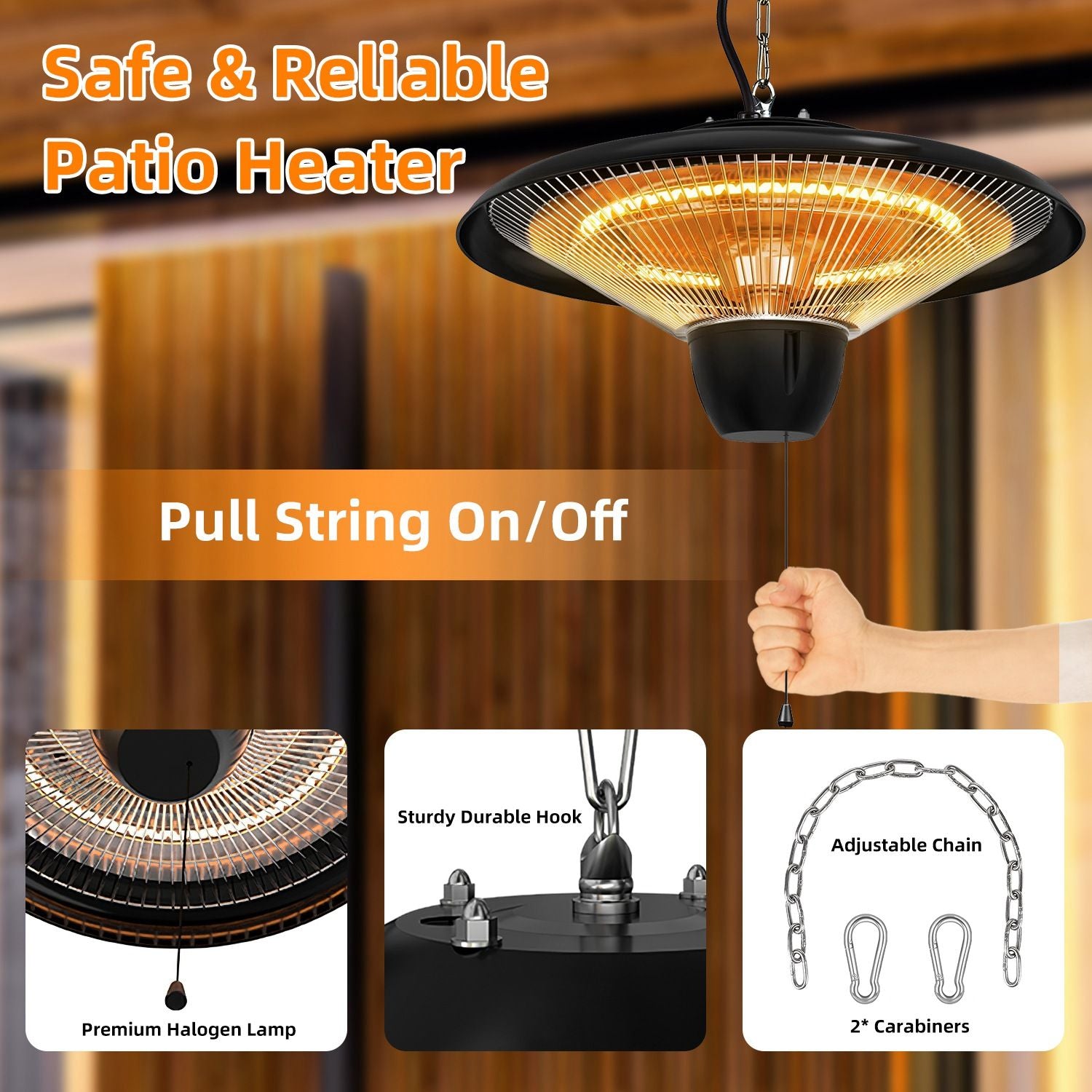 1500W Outdoor Hanging Patio Heater Ultra-Quiet Electric Heating Lamp