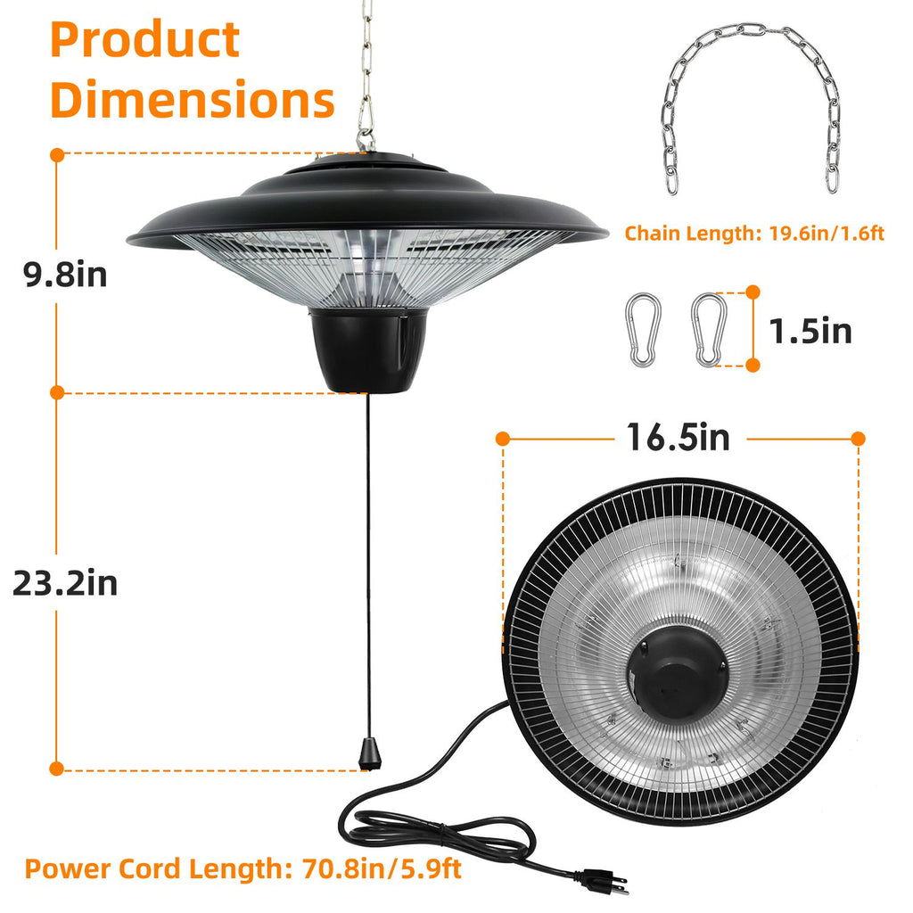 1500W Outdoor Hanging Patio Heater Ultra-Quiet Electric Heating Lamp