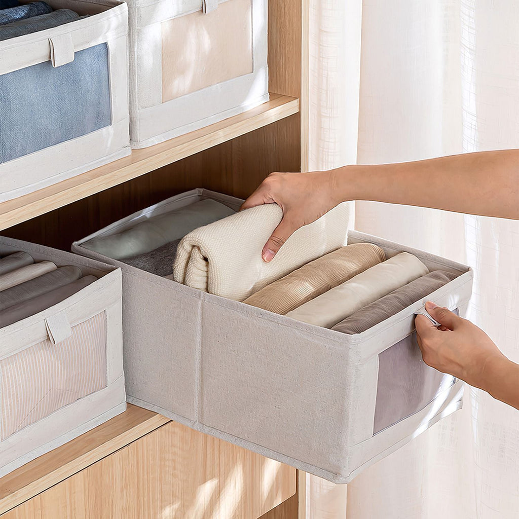 4Pcs Foldable Linen Clothing Storage Bin with Visible Clear Window Convenient Handle Multipurpose Collapsible Storage Basket Closet Fabric Container For Shelves Bedroom