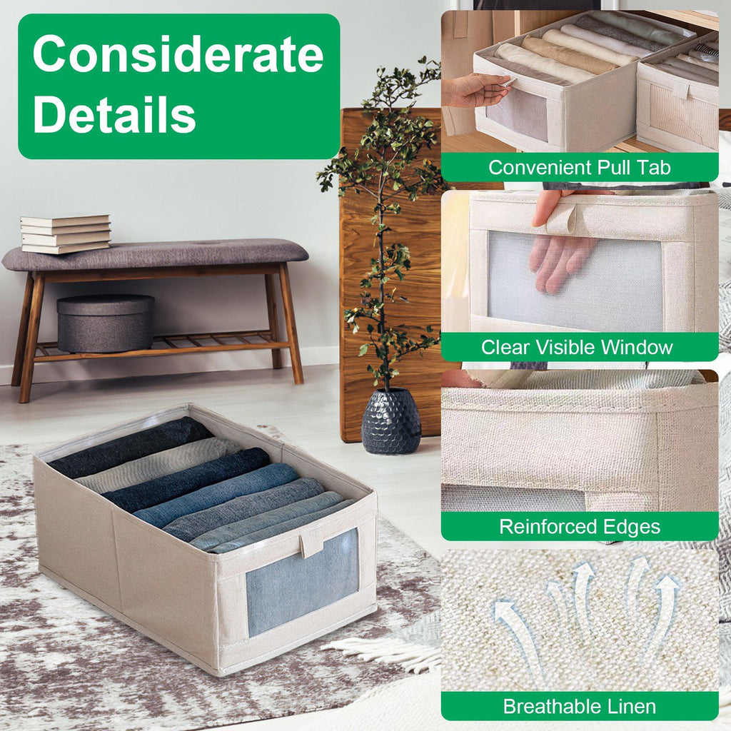 4Pcs Foldable Linen Clothing Storage Bin with Visible Clear Window Convenient Handle Multipurpose Collapsible Storage Basket Closet Fabric Container For Shelves Bedroom