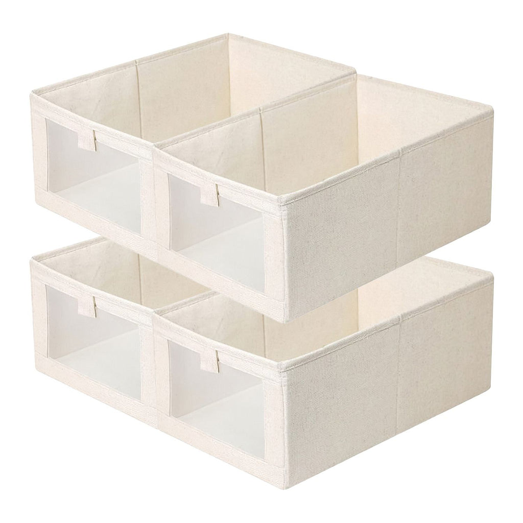 4Pcs Foldable Linen Clothing Storage Bin with Visible Clear Window Convenient Handle Multipurpose Collapsible Storage Basket Closet Fabric Container For Shelves Bedroom