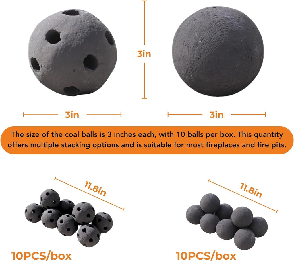 Hollow Ceramic Fire Balls, Set of 10 Fireplace Balls, Modern Accessory for Indoor/Outdoor Fire Pits or Fire Tables, Brushed Concrete Look, Midnight Black, 3 Inch