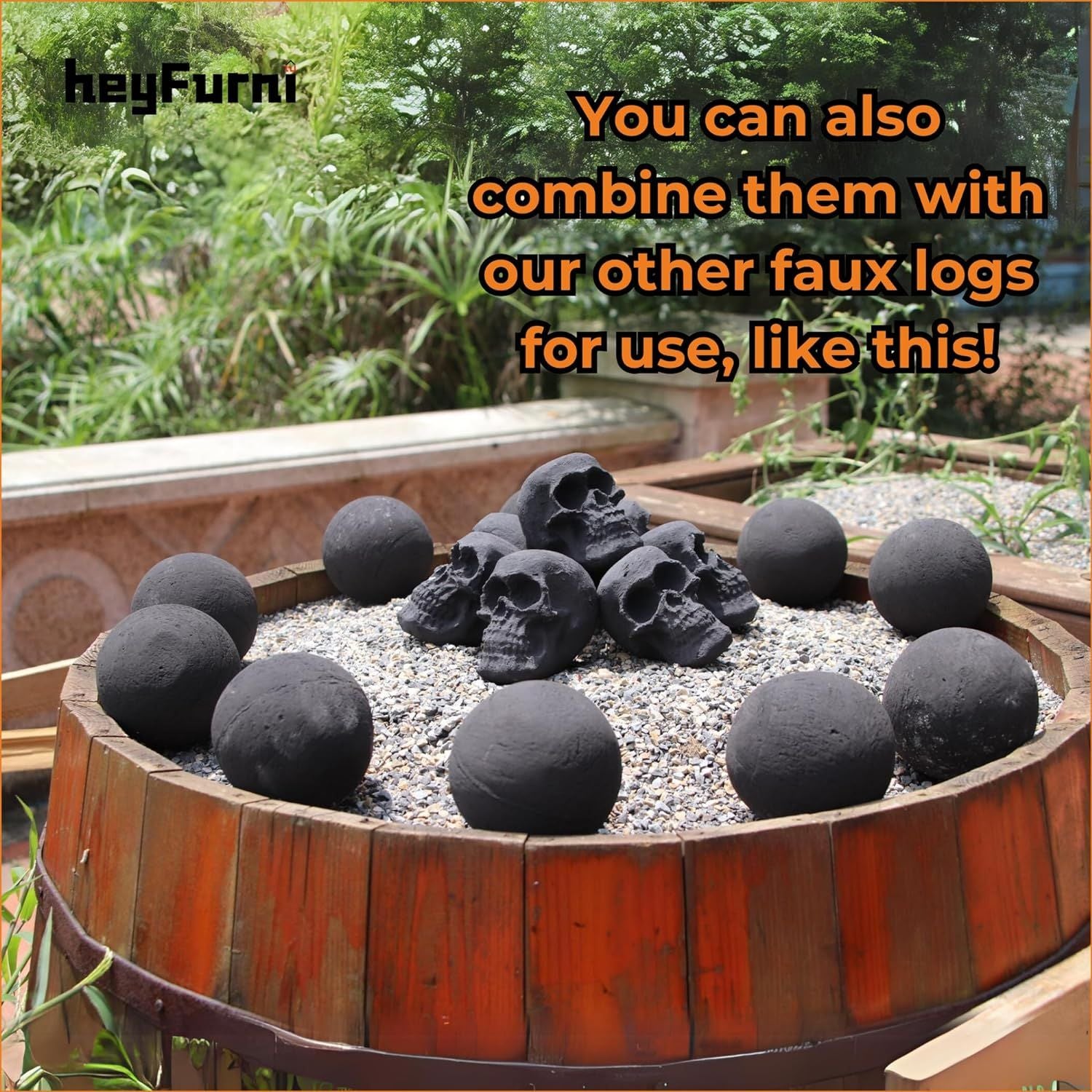 Hollow Ceramic Fire Balls, Set of 10 Fireplace Balls, Modern Accessory for Indoor/Outdoor Fire Pits or Fire Tables, Brushed Concrete Look, Midnight Black, 3 Inch