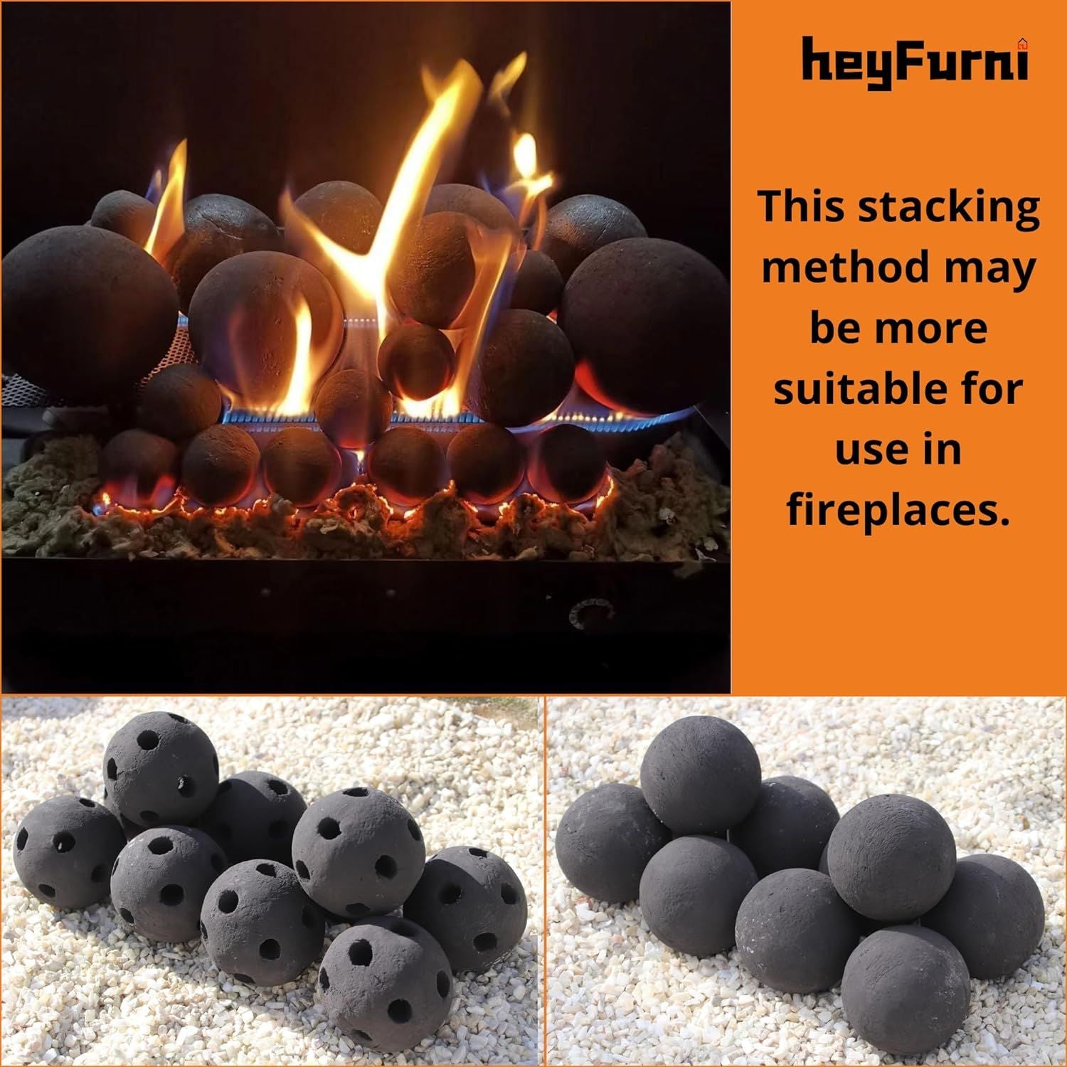 Hollow Ceramic Fire Balls, Set of 10 Fireplace Balls, Modern Accessory for Indoor/Outdoor Fire Pits or Fire Tables, Brushed Concrete Look, Midnight Black, 3 Inch