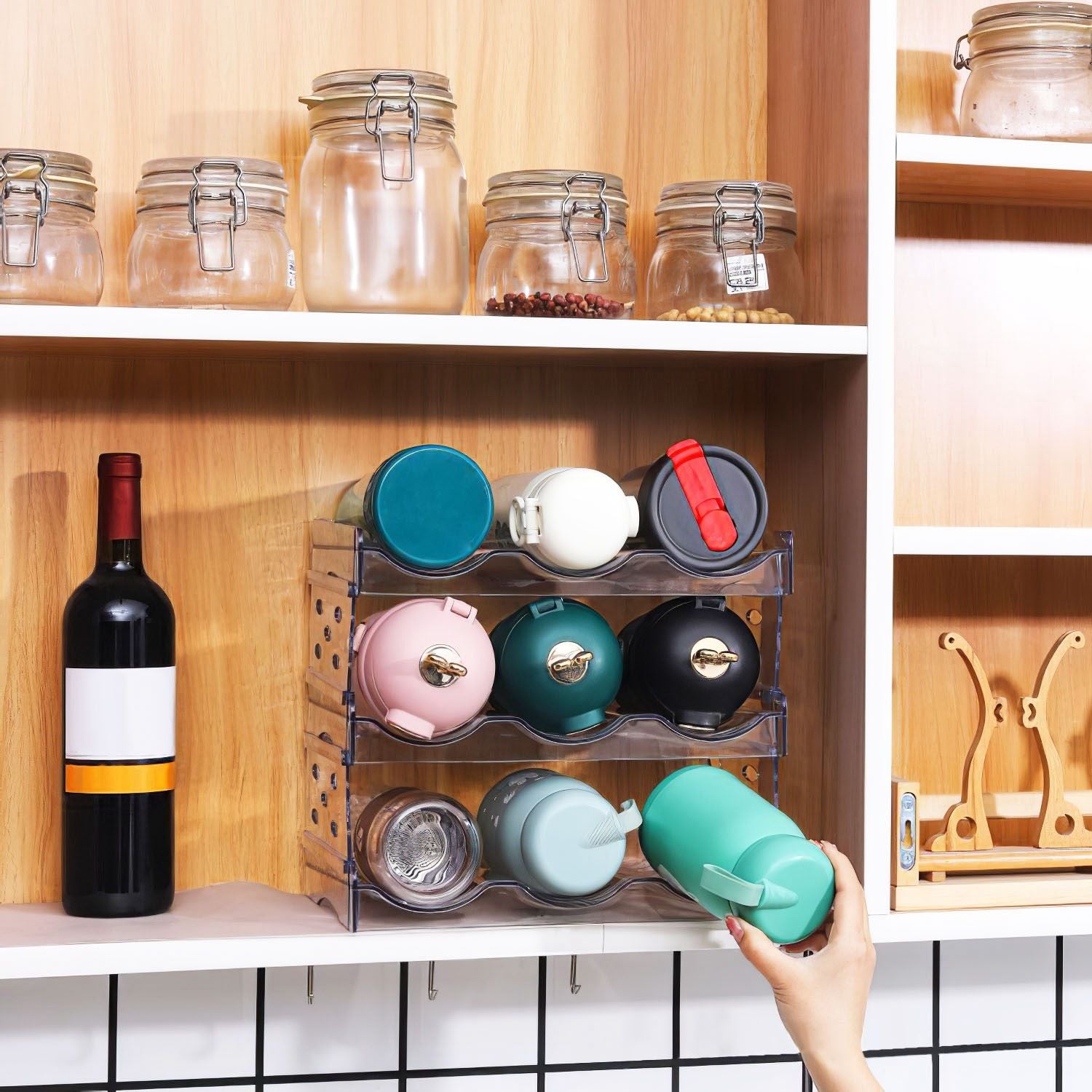 4 Tier Bottle Storage Holder 12 Bottles Transparent Stackable Bottle Organizer Standing Drink Holder Shelf for Kitchen Fridge Cabinet Pantry