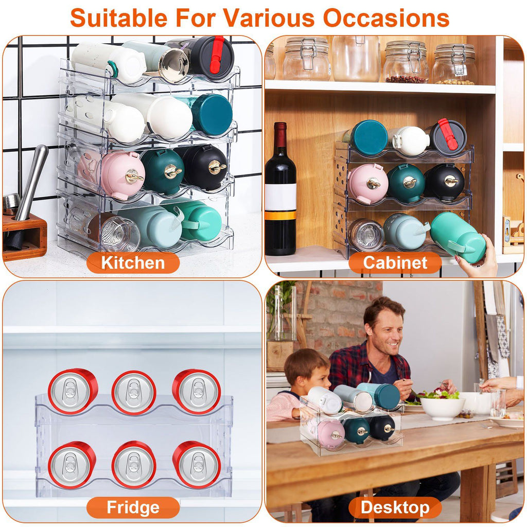 4 Tier Bottle Storage Holder 12 Bottles Transparent Stackable Bottle Organizer Standing Drink Holder Shelf for Kitchen Fridge Cabinet Pantry