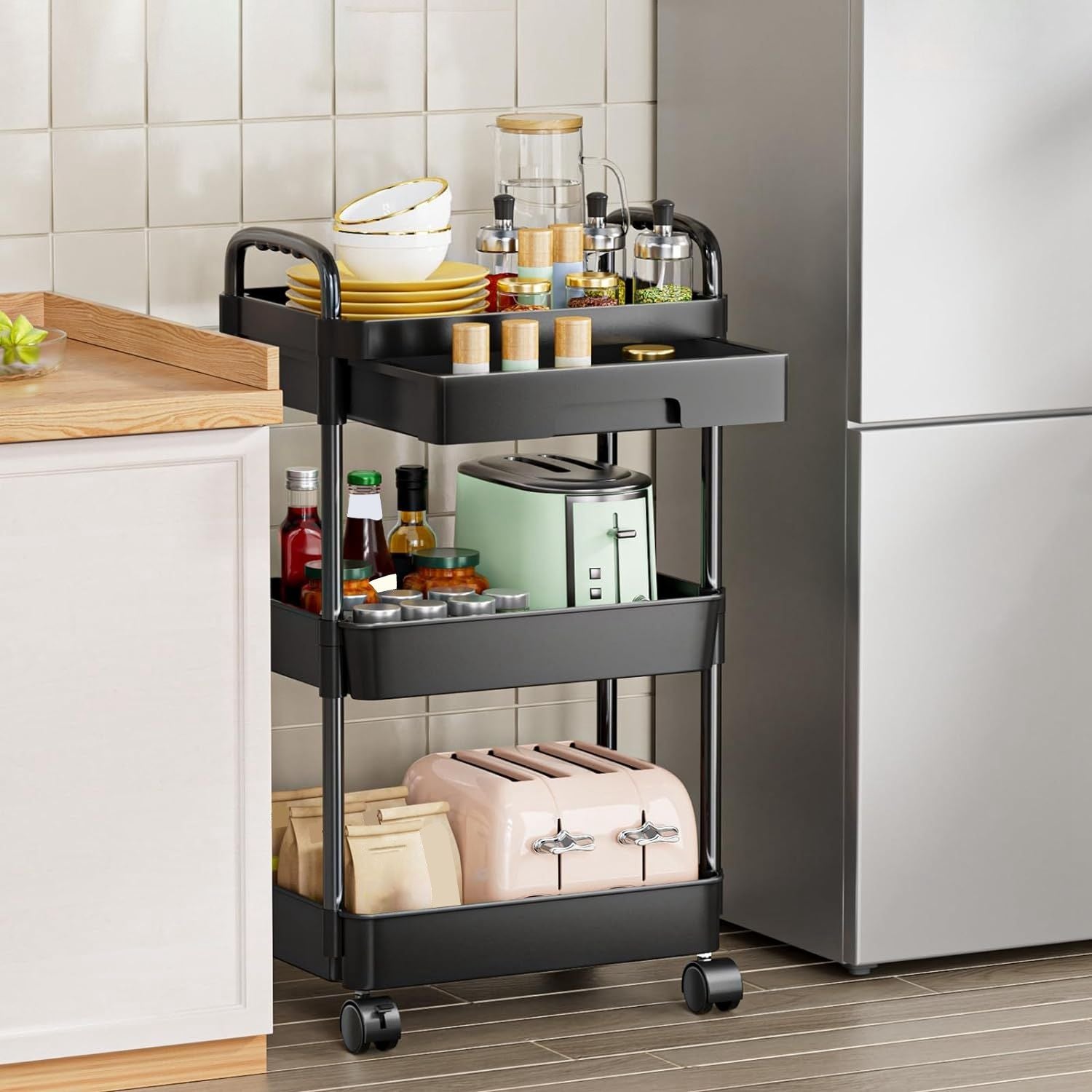 Rolling Utility Cart Movable Storage Organizer with Drawer Lockable Wheels 360 Degree Rotatable Hallow Design for Bedroom Bathroom Kitchen