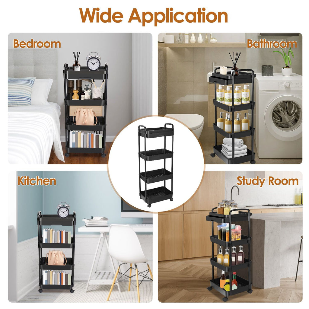 Rolling Utility Cart Movable Storage Organizer with Drawer Lockable Wheels 360 Degree Rotatable Hallow Design for Bedroom Bathroom Kitchen