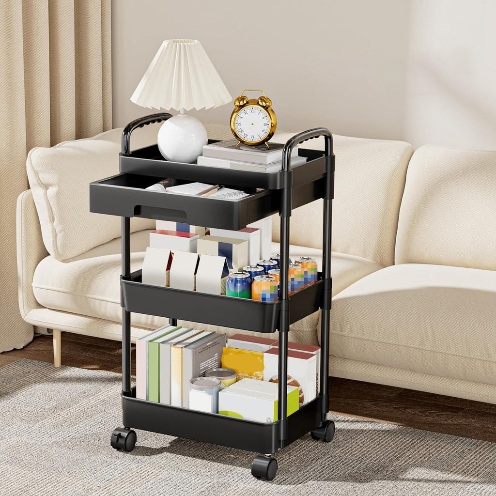 Rolling Utility Cart Movable Storage Organizer with Drawer Lockable Wheels 360 Degree Rotatable Hallow Design for Bedroom Bathroom Kitchen