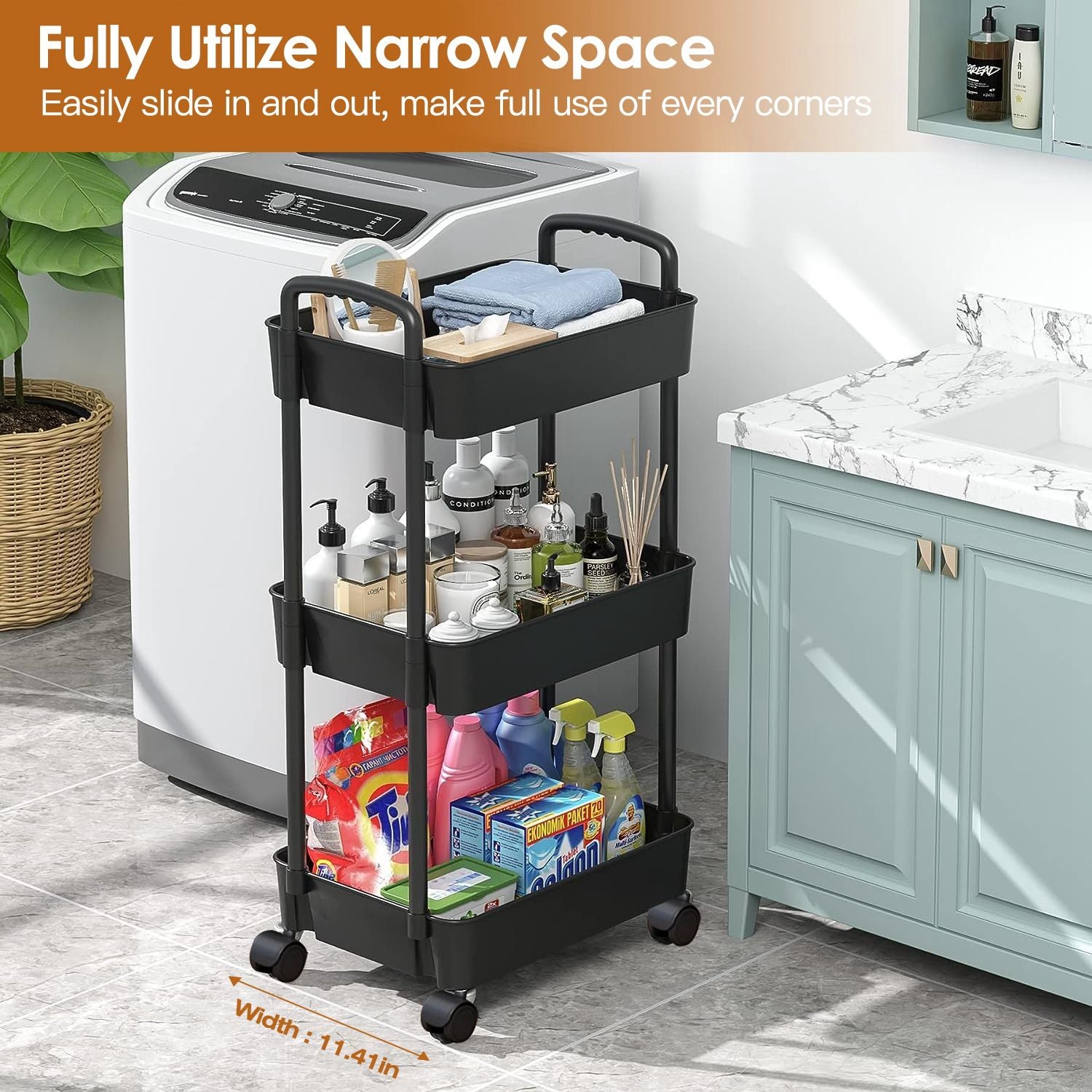 Rolling Utility Cart Movable Storage Organizer with Drawer Lockable Wheels 360 Degree Rotatable Hallow Design for Bedroom Bathroom Kitchen