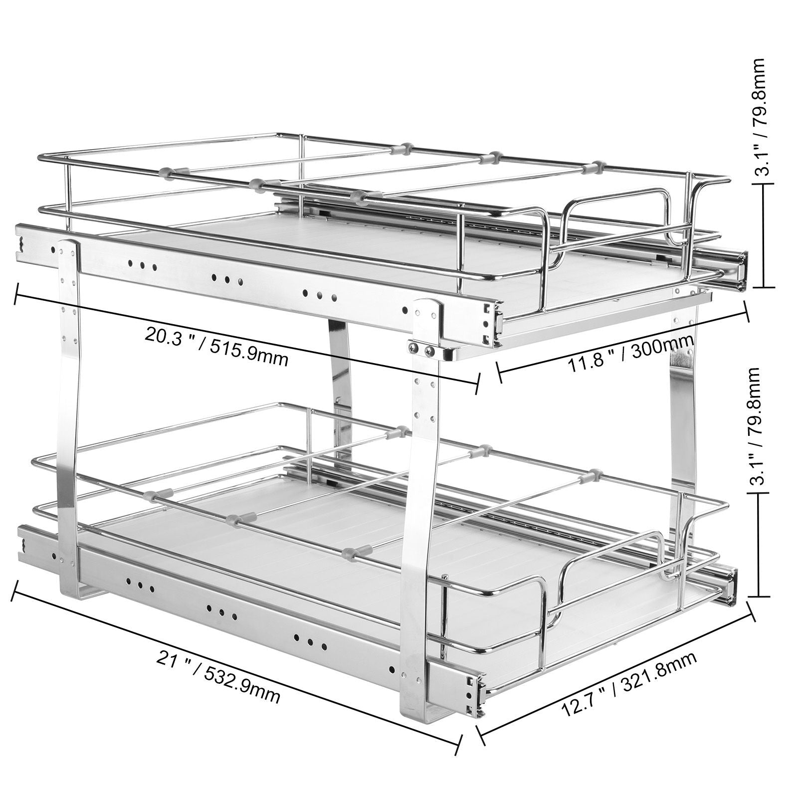 2 Tier 14"Wx21"Dx15"H Pull Out Cabinet Organizer, Heavy Duty Slide Out Pantry Shelves, Steel Roll Out Drawers, Sliding Drawer Storage for Home, 15.5"Wx22"Dx18"H Install Size for Cabinet