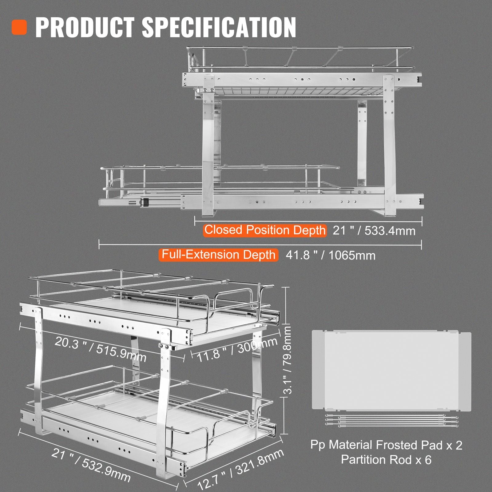 2 Tier 14"Wx21"Dx15"H Pull Out Cabinet Organizer, Heavy Duty Slide Out Pantry Shelves, Steel Roll Out Drawers, Sliding Drawer Storage for Home, 15.5"Wx22"Dx18"H Install Size for Cabinet