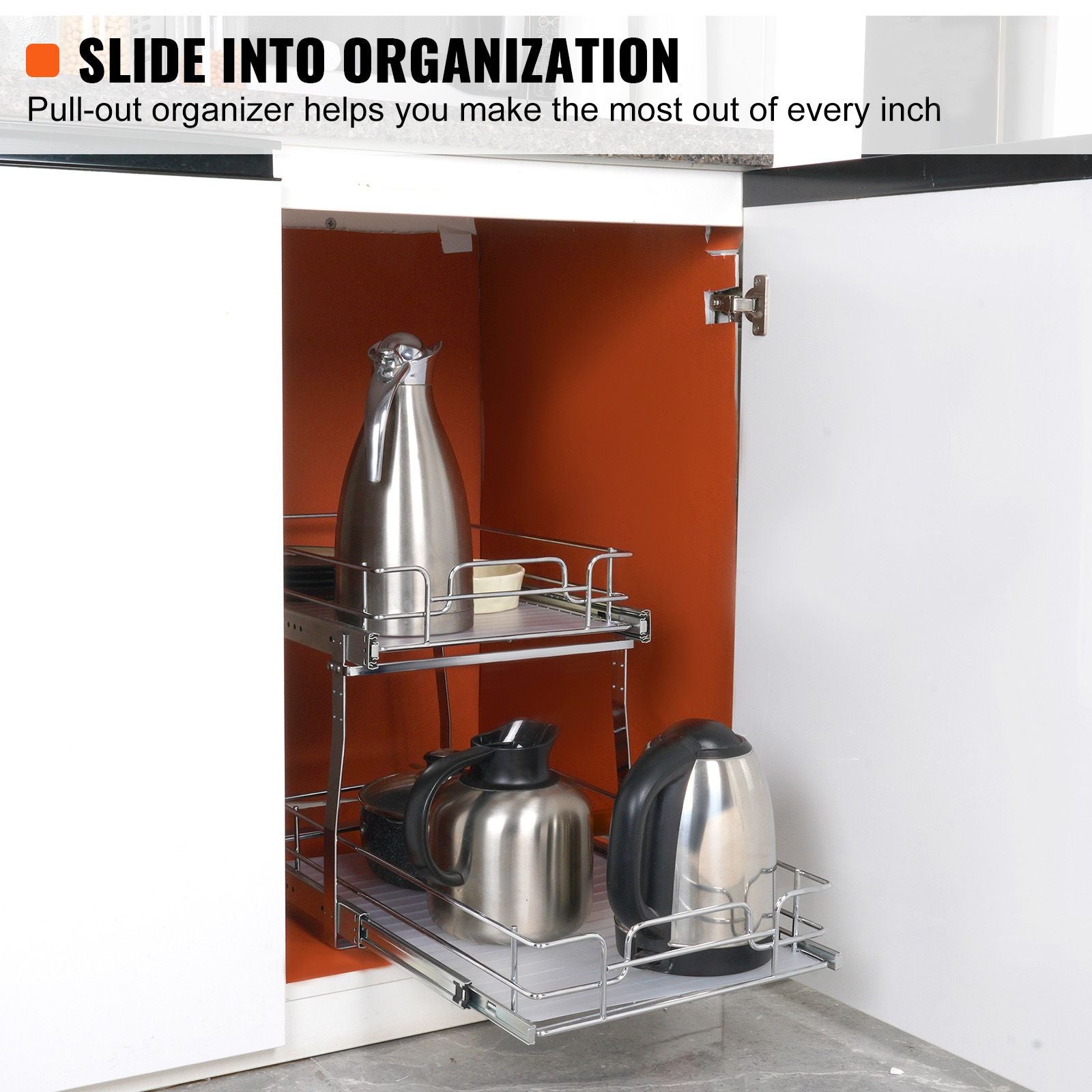 2 Tier 14"Wx21"Dx15"H Pull Out Cabinet Organizer, Heavy Duty Slide Out Pantry Shelves, Steel Roll Out Drawers, Sliding Drawer Storage for Home, 15.5"Wx22"Dx18"H Install Size for Cabinet