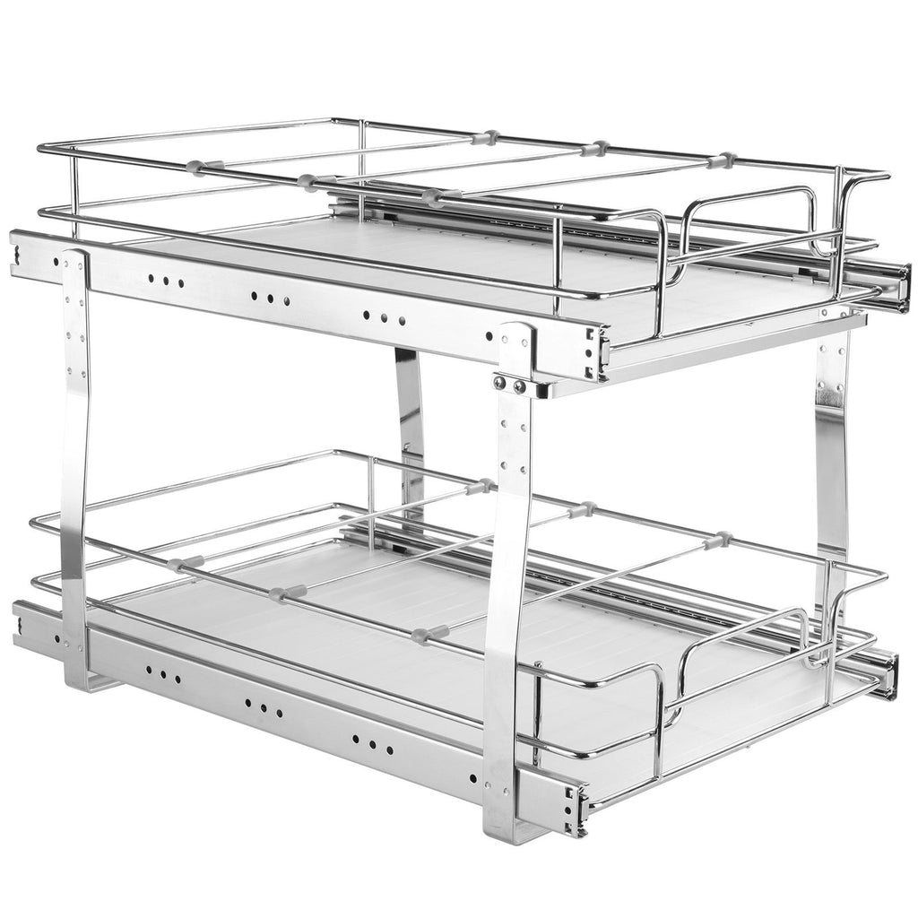 2 Tier 14"Wx21"Dx15"H Pull Out Cabinet Organizer, Heavy Duty Slide Out Pantry Shelves, Steel Roll Out Drawers, Sliding Drawer Storage for Home, 15.5"Wx22"Dx18"H Install Size for Cabinet