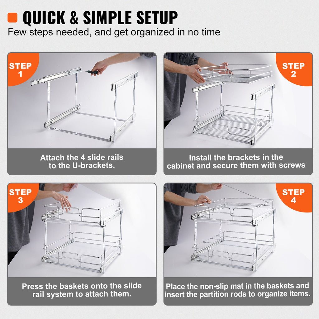 2 Tier 14"Wx21"Dx15"H Pull Out Cabinet Organizer, Heavy Duty Slide Out Pantry Shelves, Steel Roll Out Drawers, Sliding Drawer Storage for Home, 15.5"Wx22"Dx18"H Install Size for Cabinet