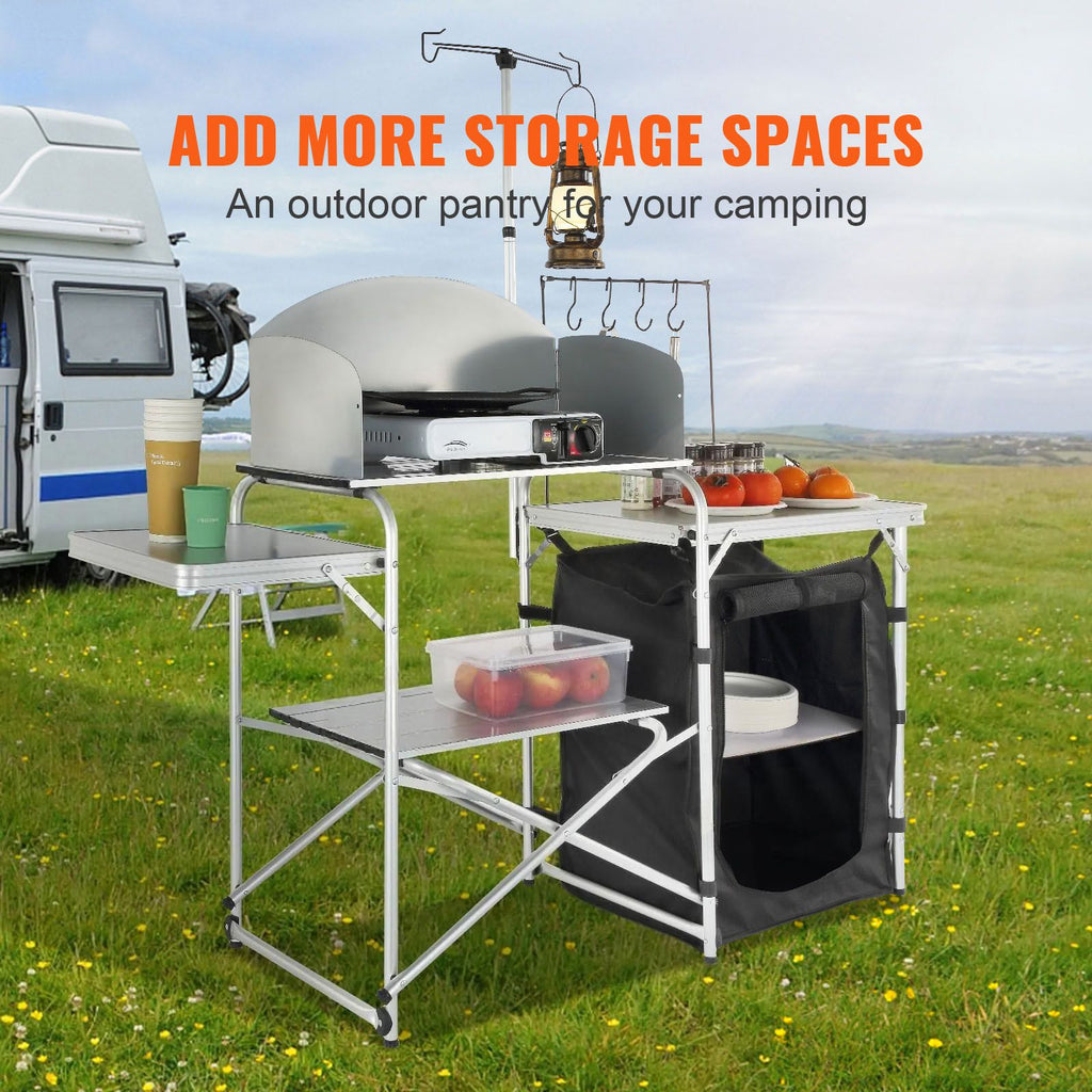 Camping Kitchen Table, Folding Outdoor Cooking Table with Storage Carrying Bag, Aluminum Cook Station 1 Cupboard & Detachable Windscreen, Quick Set-up for Picnics, BBQ, RV Traveling, Black