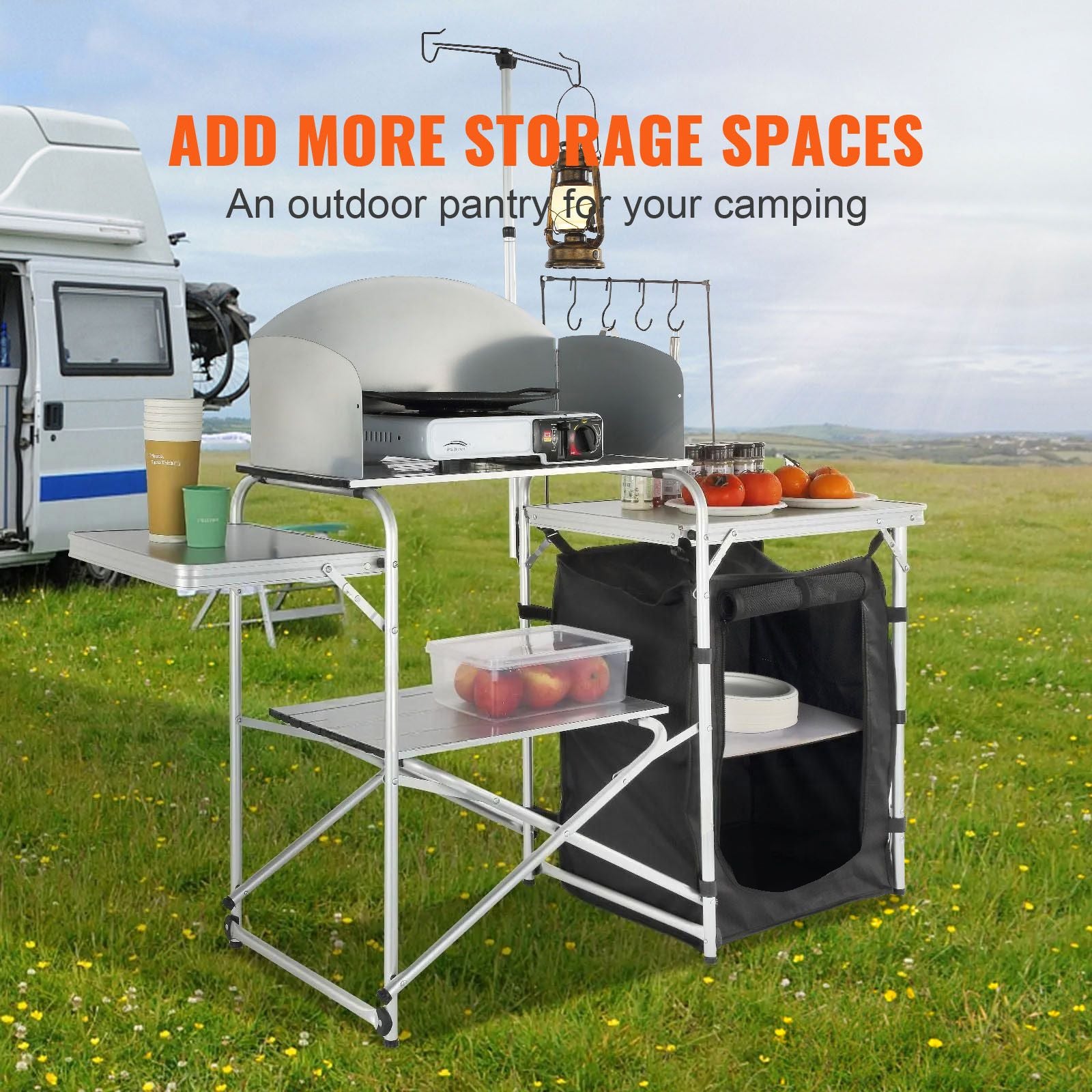Camping Kitchen Table, Folding Outdoor Cooking Table with Storage Carrying Bag, Aluminum Cook Station 1 Cupboard & Detachable Windscreen, Quick Set-up for Picnics, BBQ, RV Traveling, Black