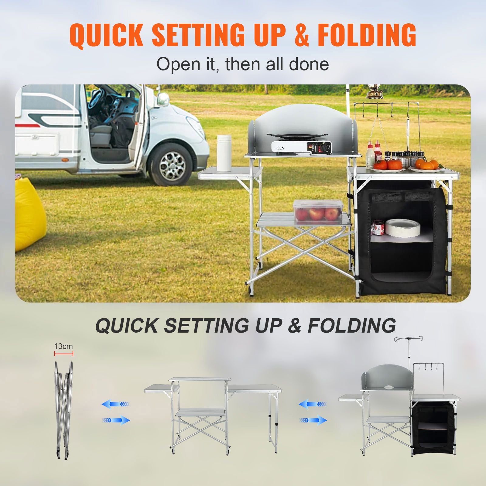 Camping Kitchen Table, Folding Outdoor Cooking Table with Storage Carrying Bag, Aluminum Cook Station 1 Cupboard & Detachable Windscreen, Quick Set-up for Picnics, BBQ, RV Traveling, Black