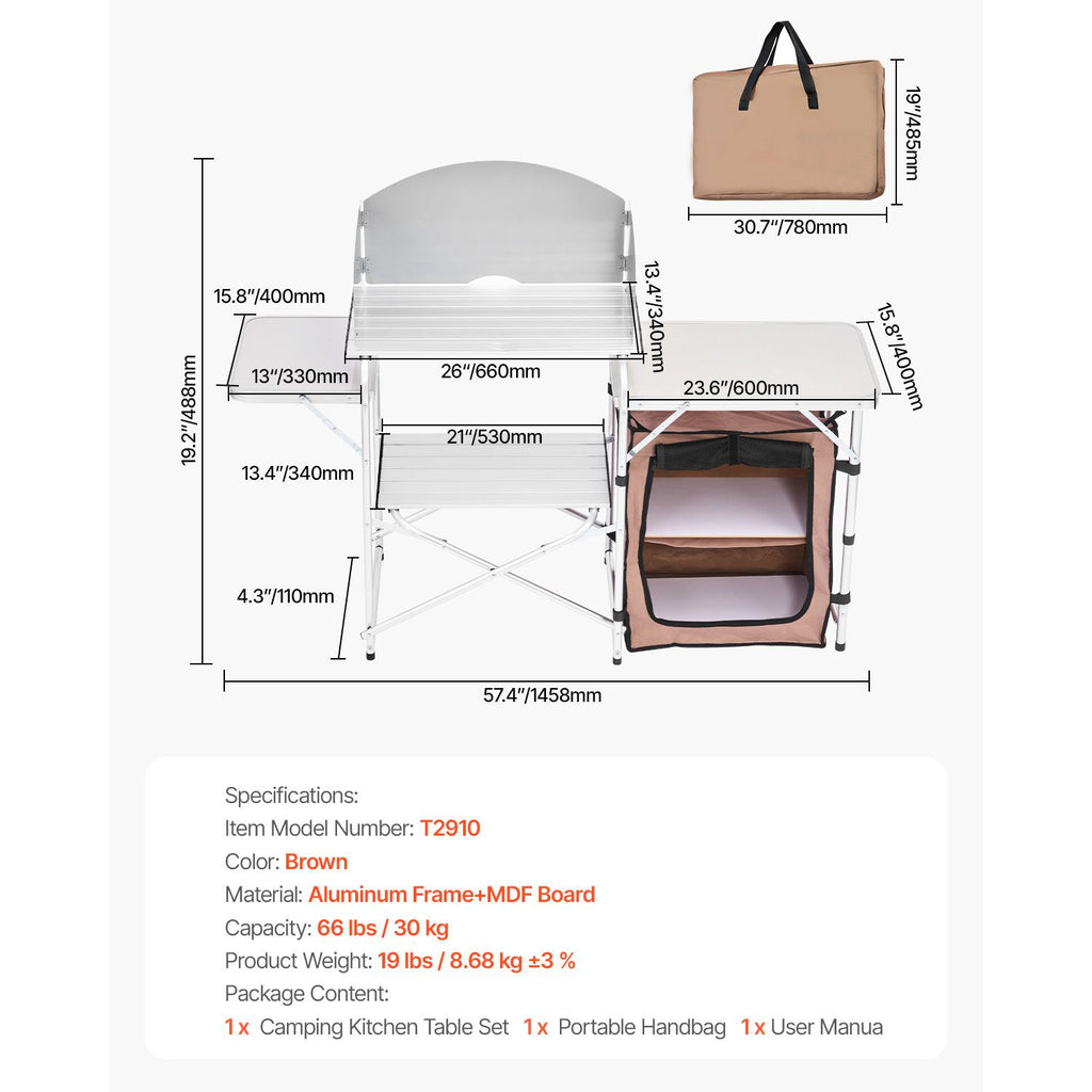 Outdoor 2-Tier Kitchen with Zippered Bag, Portable Folding Cook Table for BBQ, Party and Camping, Brown