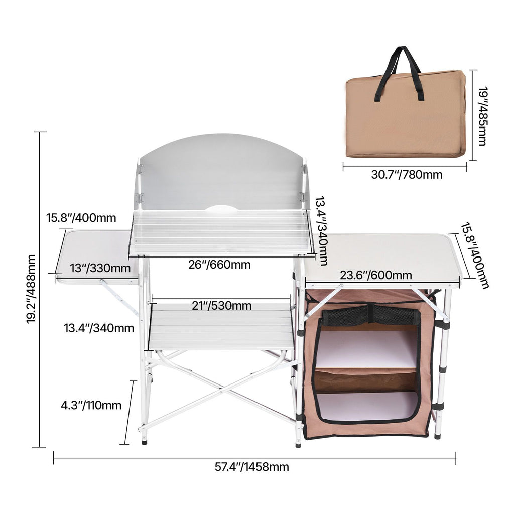 Outdoor 2-Tier Kitchen with Zippered Bag, Portable Folding Cook Table for BBQ, Party and Camping, Brown
