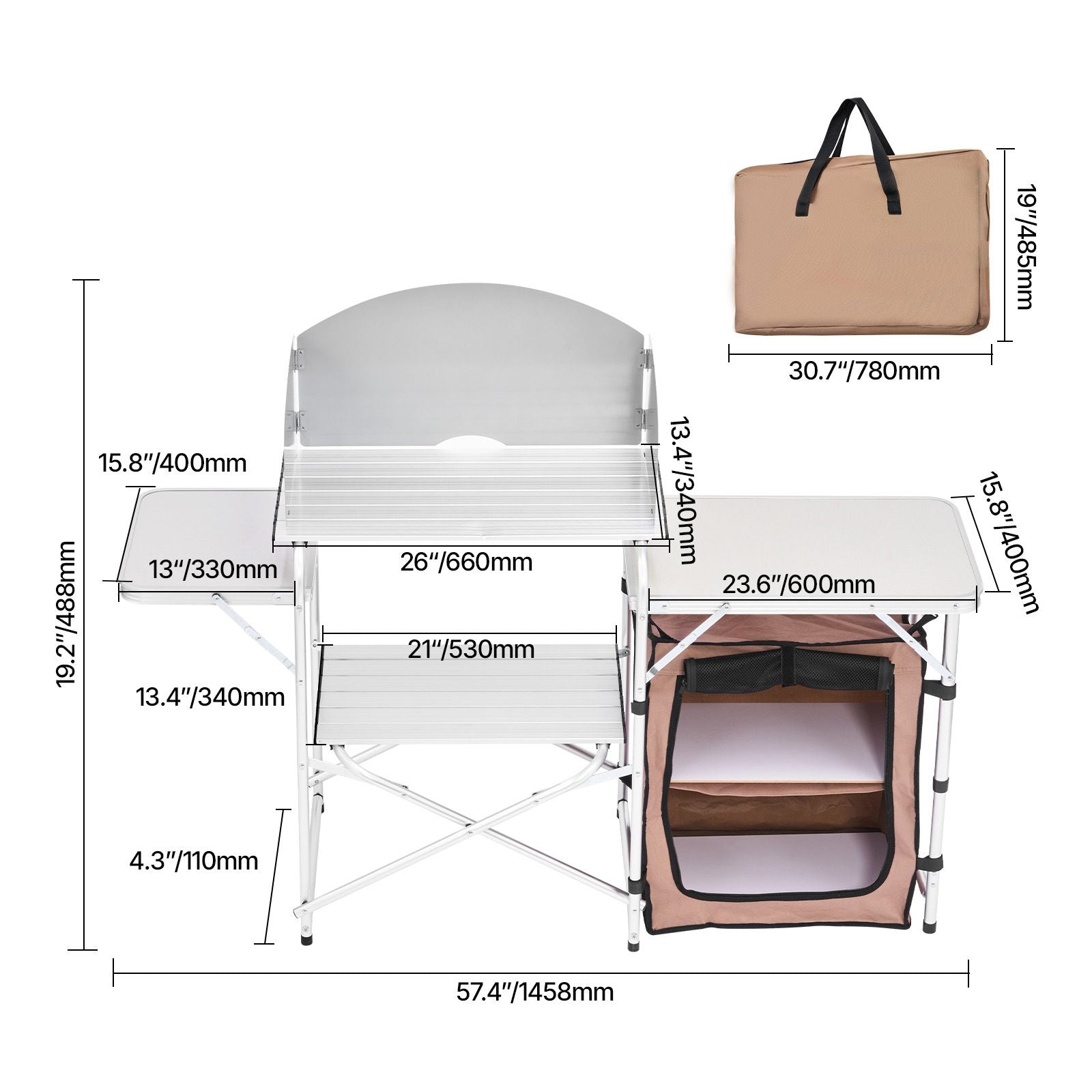 Outdoor 2-Tier Kitchen with Zippered Bag, Portable Folding Cook Table for BBQ, Party and Camping, Brown