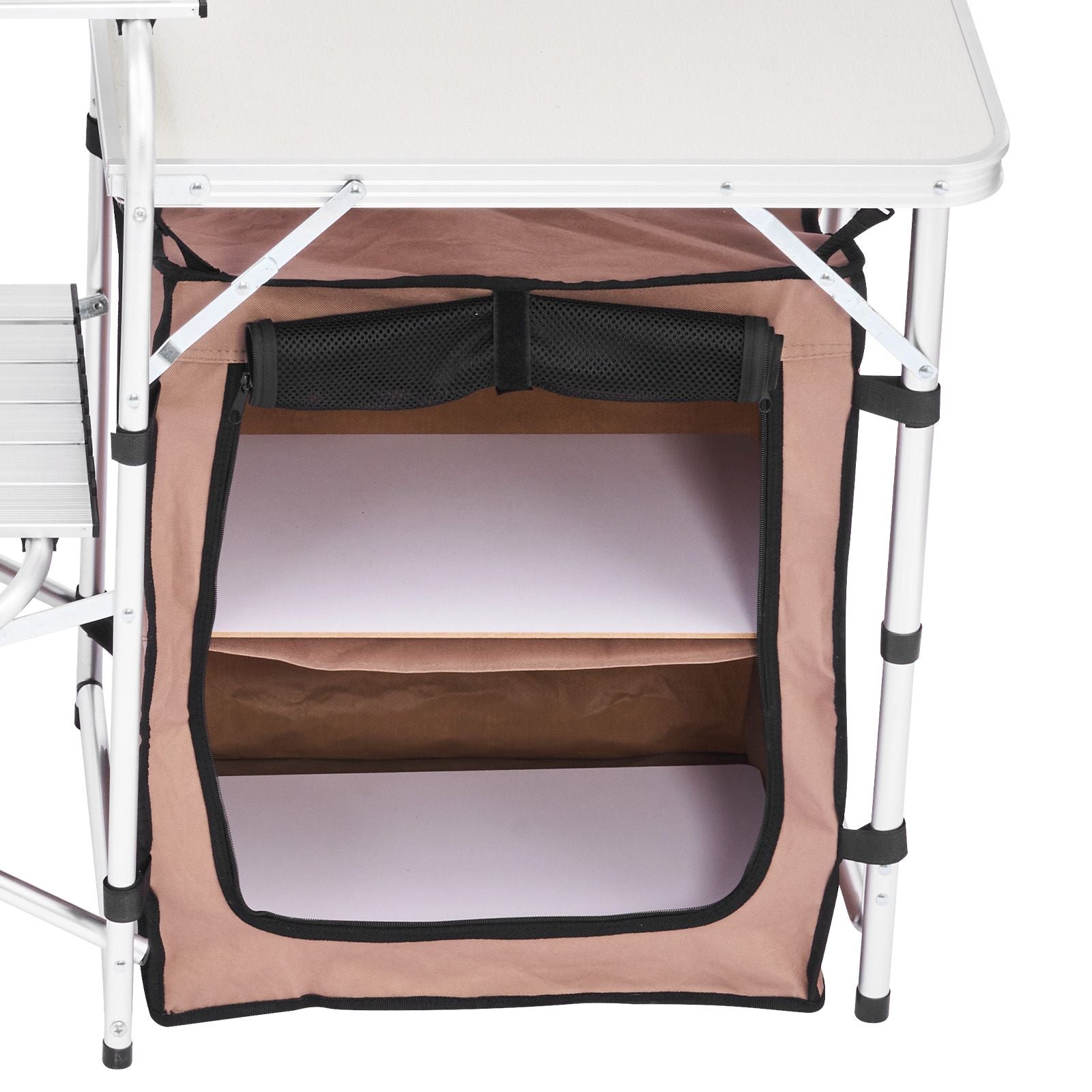 Outdoor 2-Tier Kitchen with Zippered Bag, Portable Folding Cook Table for BBQ, Party and Camping, Brown