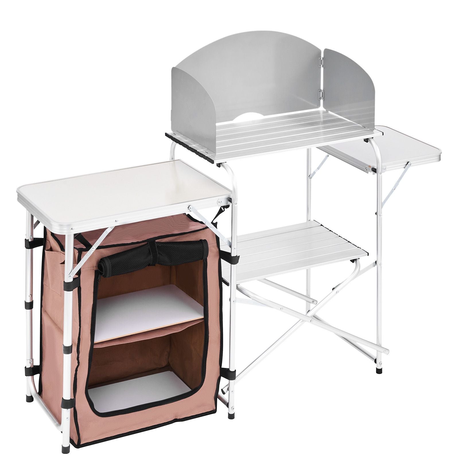 Outdoor 2-Tier Kitchen with Zippered Bag, Portable Folding Cook Table for BBQ, Party and Camping, Brown
